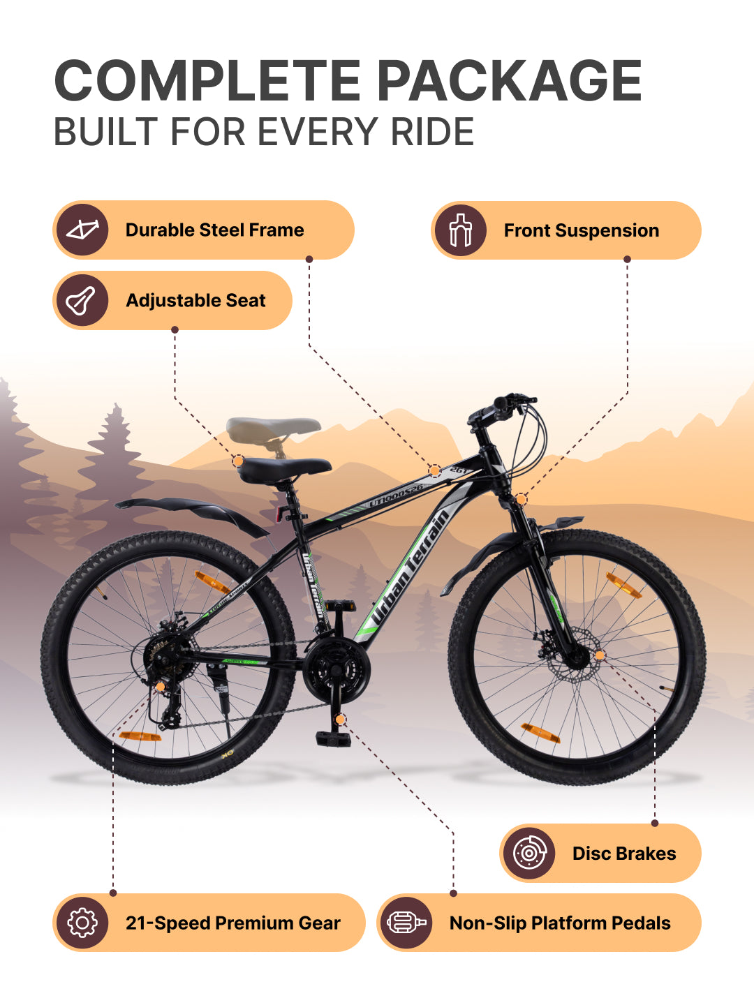 UT1000S26 Mountain Bike Steel 21 Speed Cycle Shimano Gear 26 inch, Grey With Front Suspension, Single Wall Rim and Dual Disc Brakes Ideal For 5 ft to 5.7 ft