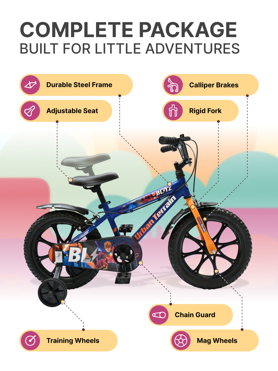 Urban Terrain Blitz Cycles 16T for Boys/Girls Kids Ages 4 to 6 Comes with Training Wheels (Blue)
