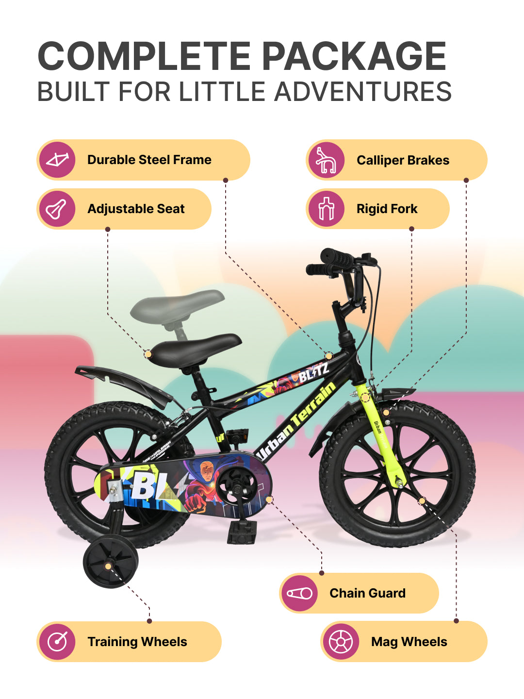 Urban Terrain Blitz Cycles 16T for Boys/Girls Kids Ages 4 to 6 Comes with Training Wheels (Black, Green)