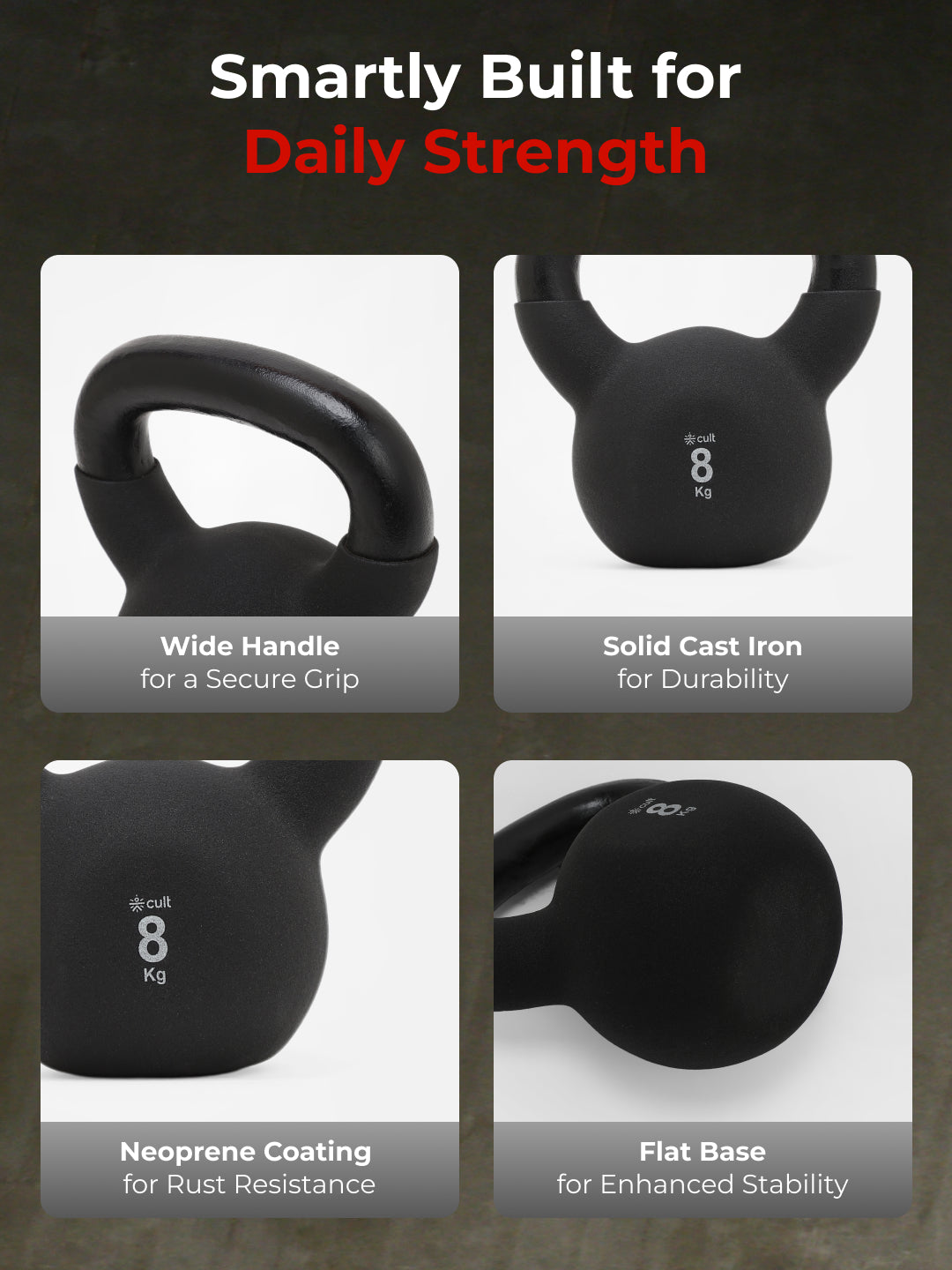 Cult 8kg Neoprene Anti-Slip Grip Kettlebell for Home Workout - Black