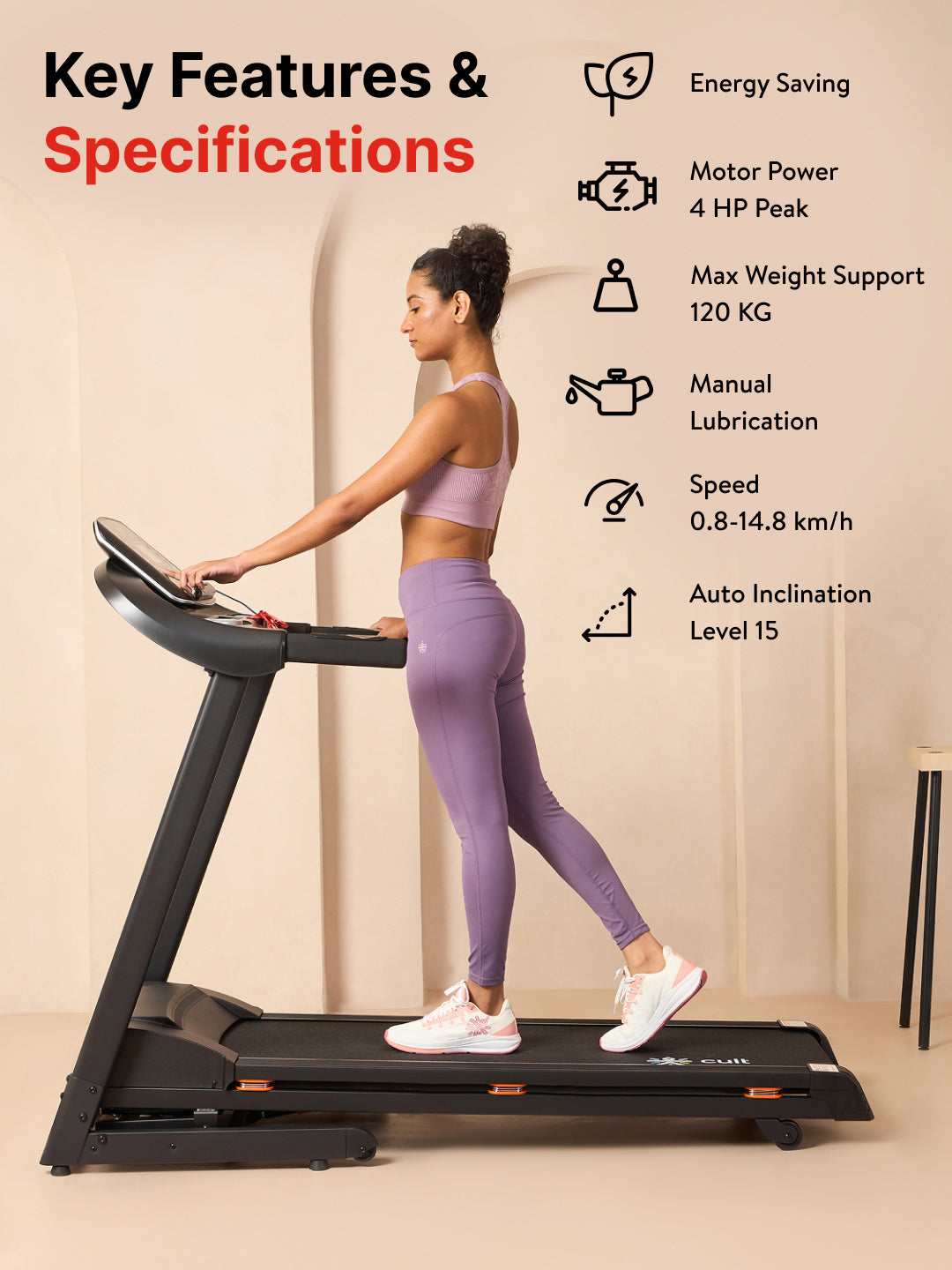Cultrun S4 4HP Peak Treadmill | 15-level Auto-Incline | Max Weight-120kg | Max Speed-14.8kmph (with 6 months extended warranty)