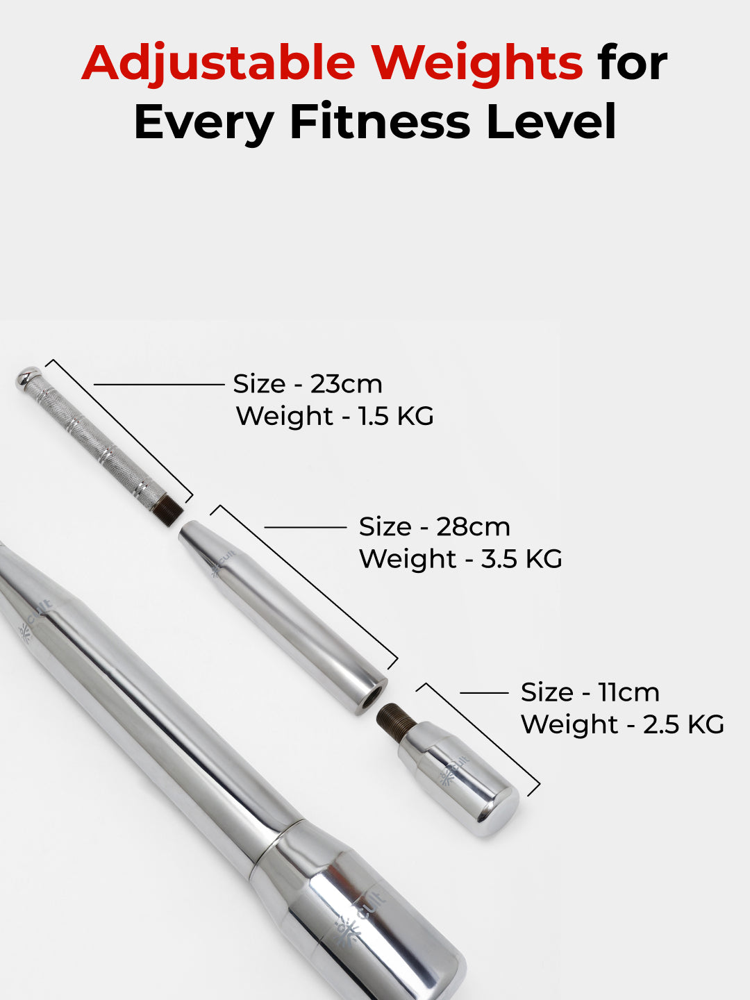 Cult 3-in-1 Adjustable Steel 7.5KG Mudgar for Full Body Training | Silver Indian Clubs (7.5 kg)