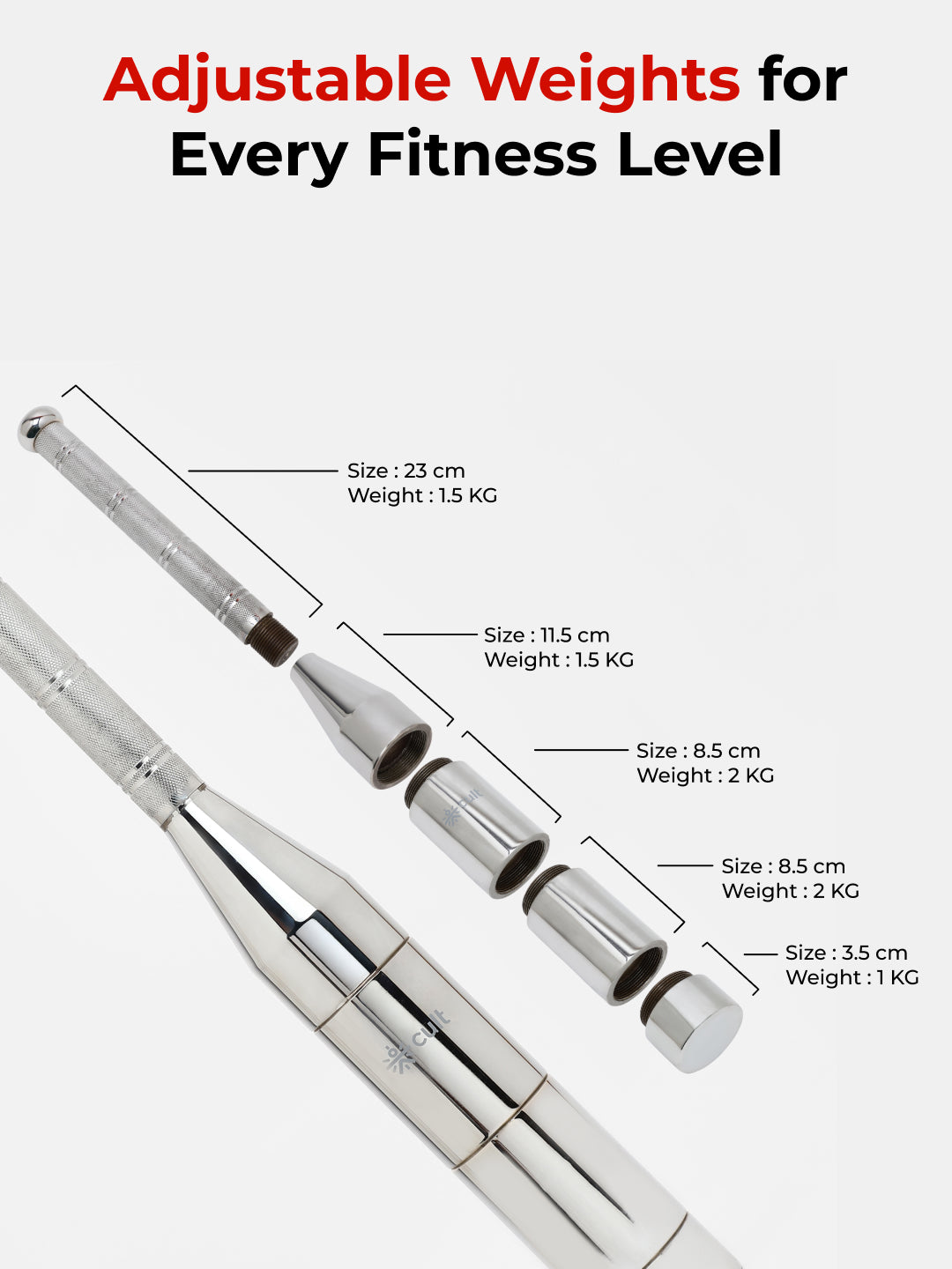 Cult 6-in-1 Adjustable Steel 8KG Mudgar for Full Body Training | Silver Indian Clubs (8 kg)