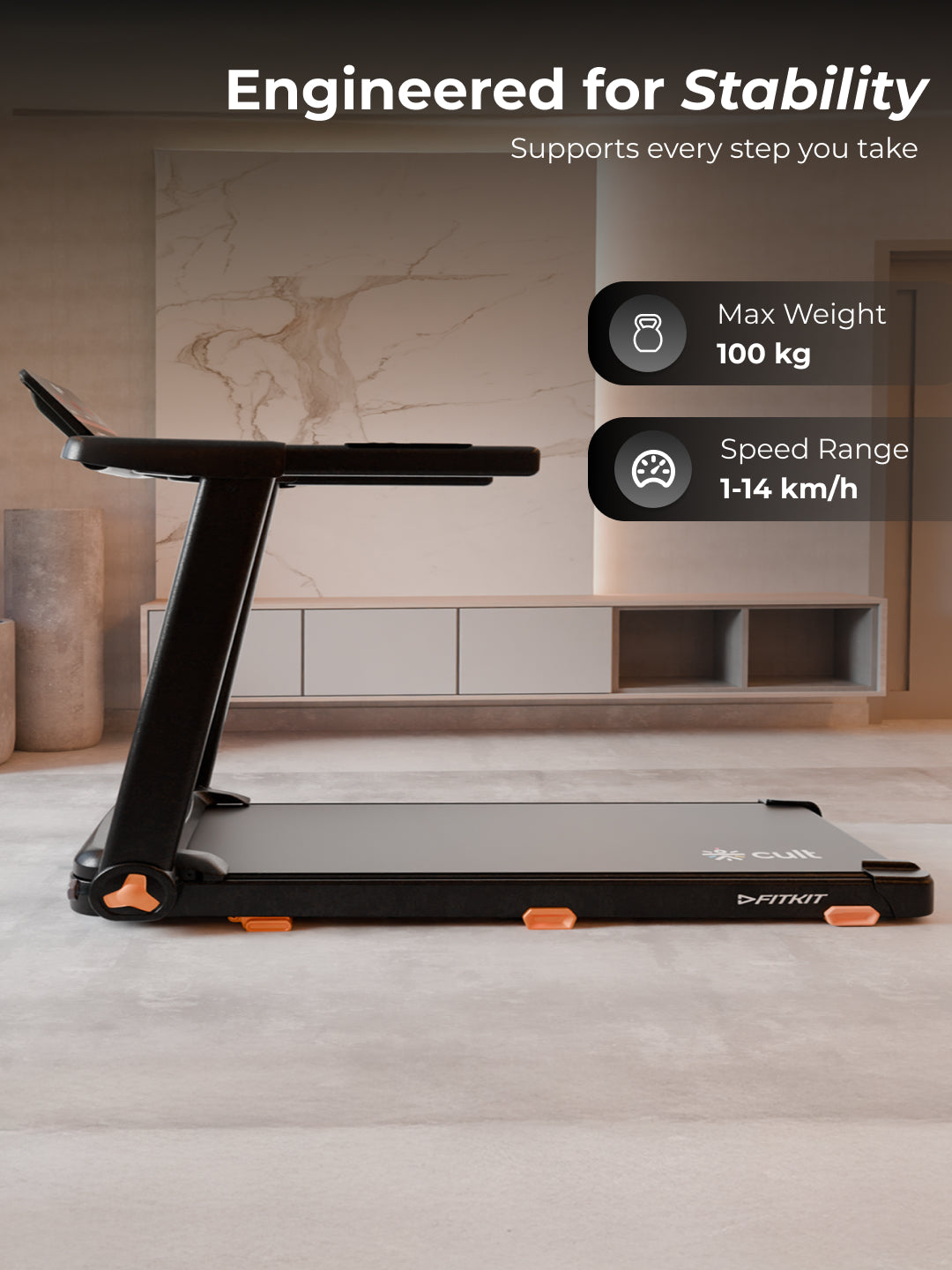 FITKIT by Cult FT98Carbon BLDC Motorized Treadmill (4HP Peak) | 100Kg Max Weight Capacity for Home Gym Equipment