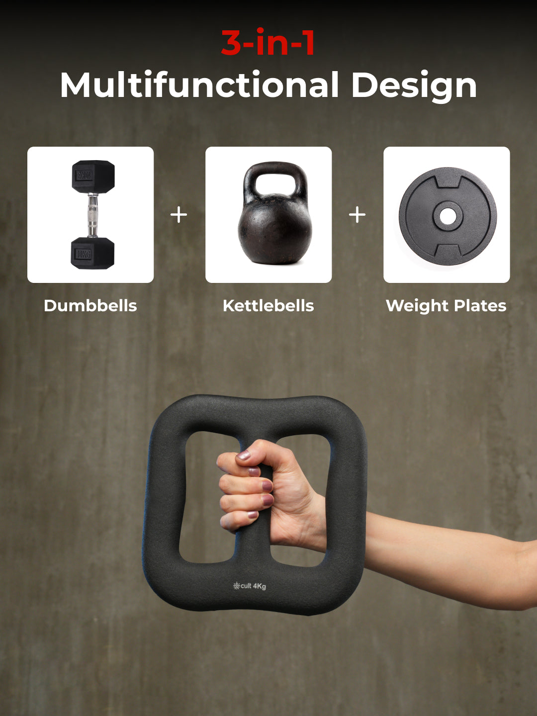 Cult MultiFlex 4KG 3-in-1 Neoprene Coated Weight | Use as Kettlebell, Dumbbell & Weight Plate | Ideal for Full Body Workouts