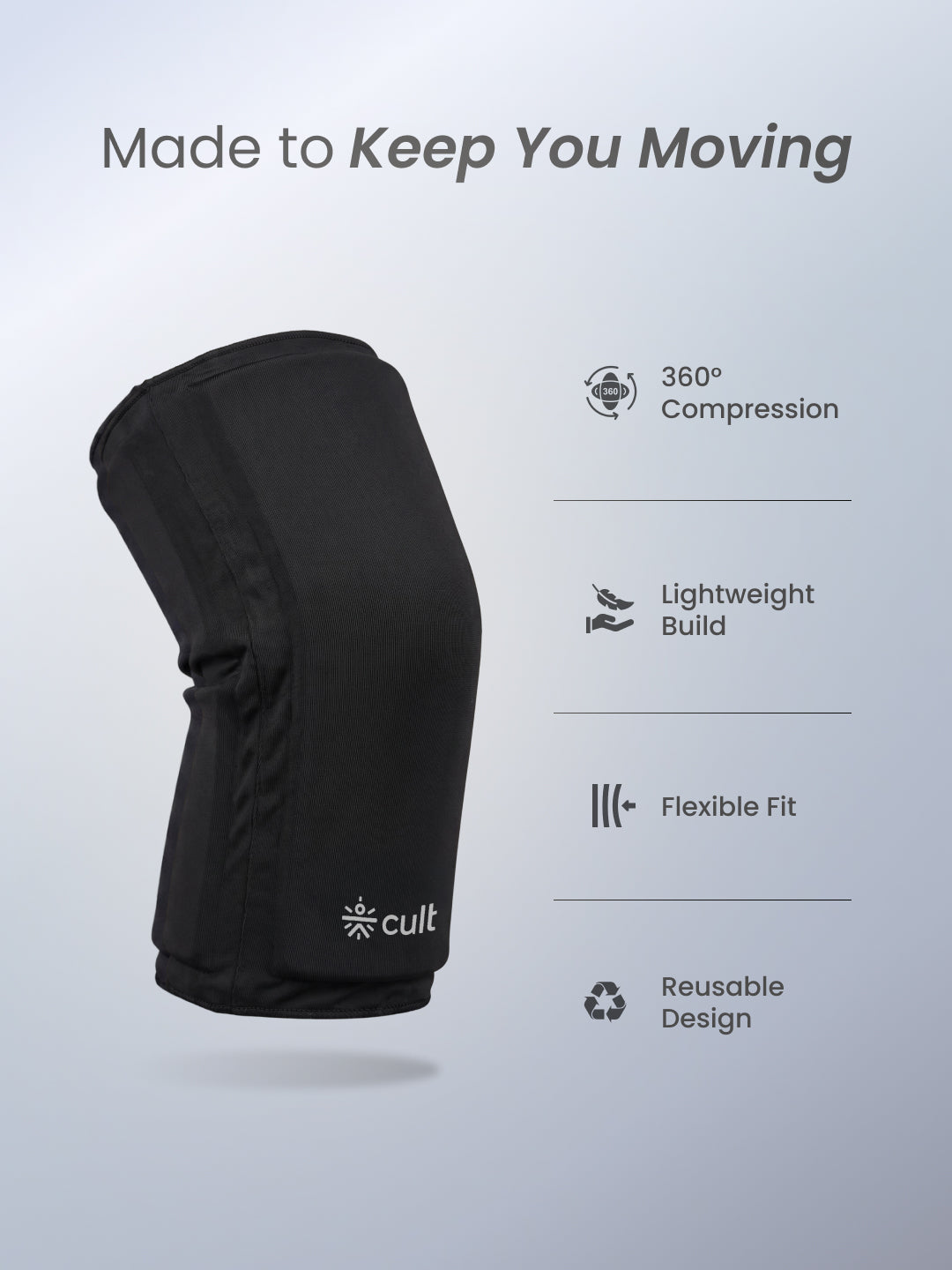 CULT Gel Knee Cap for Gym & Running | Compression Knee Support Brace with Silicon Patella Ring & Side Stabilizers for Joint Pain Relief & Sports (Black, S-M)