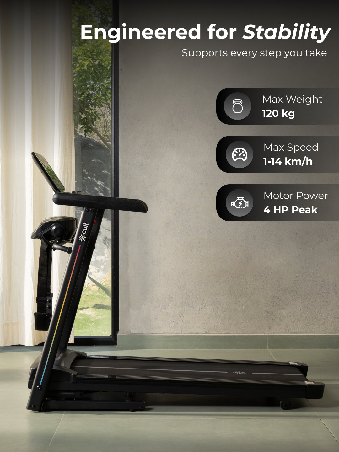 Cult SmartStrideCorePlus BLDC Motor (4HP Peak) Treadmill with Massager | Max Weight: 120kg | 15 Level Auto Incline (with 6 months extended warranty)