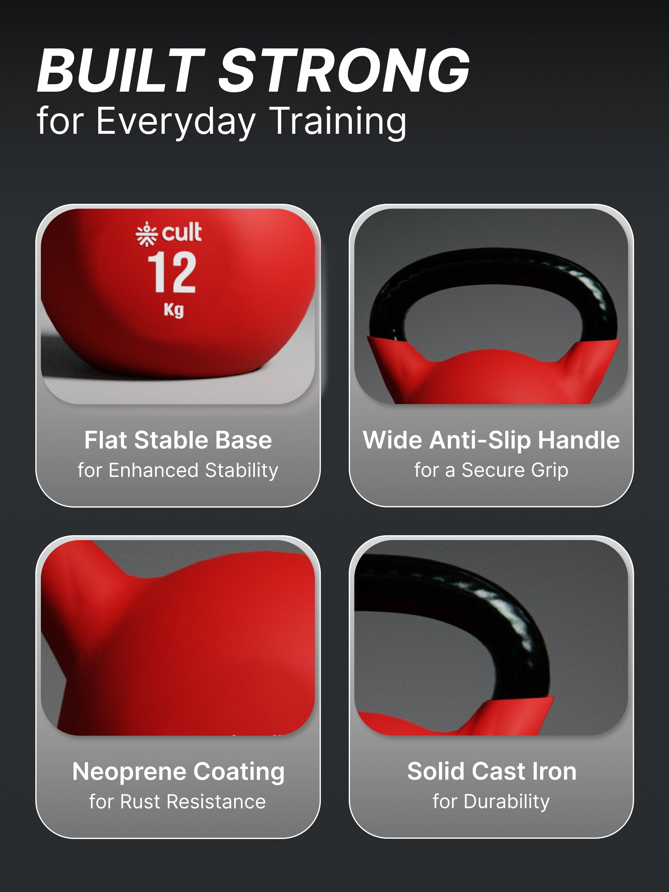 Cult 12kg Neoprene Anti-Slip Grip Colored Kettlebell for Home Workout - Red