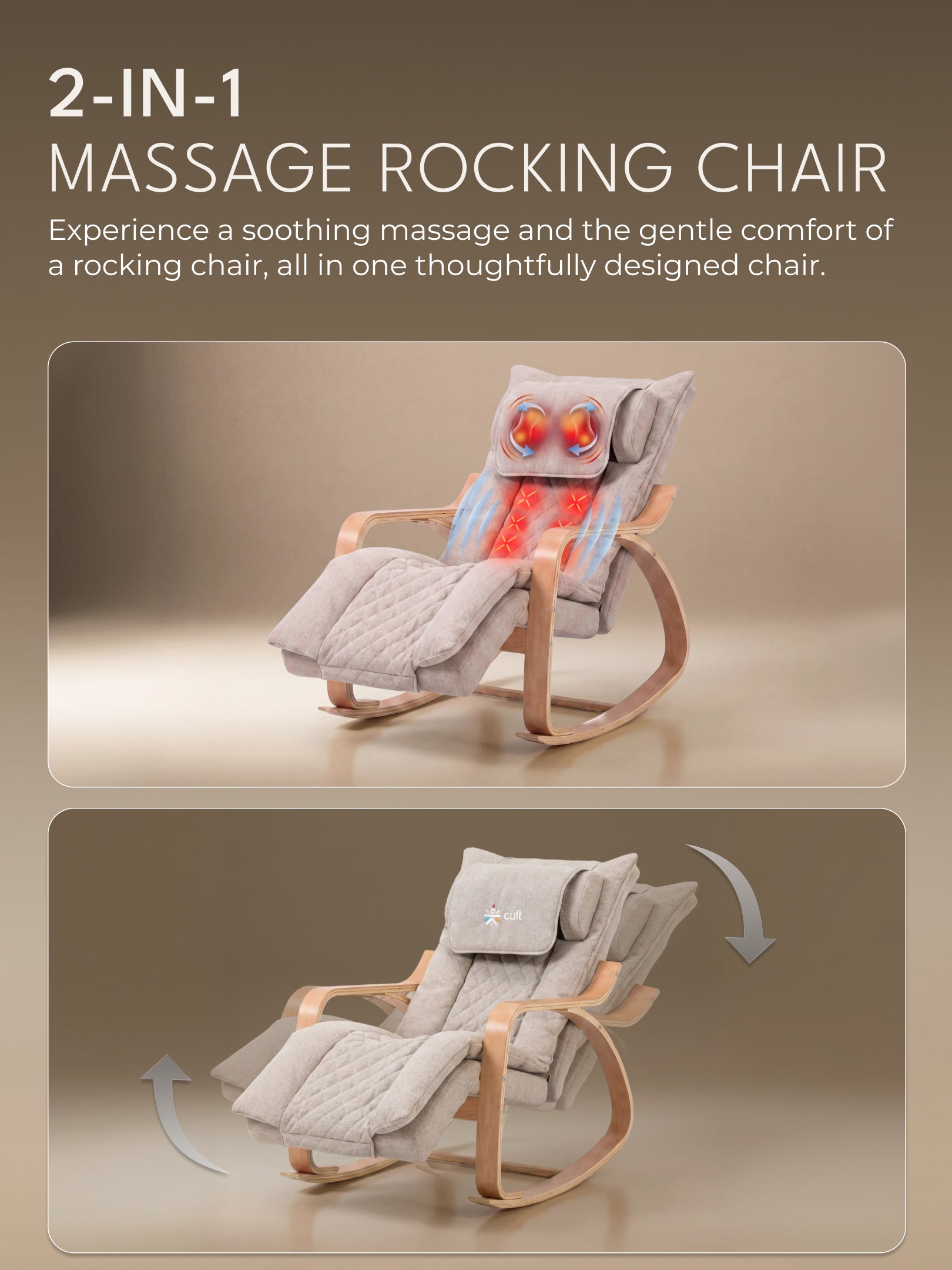 Cult Rocking Recliner Massage Chair | 2-in-1 Massage & Rocking Chair | S-Track Full Body Massage | 135° Recline | 5-Level Adjustable Leg Rest | Waist Heating | Remote Control | Vibration Massage