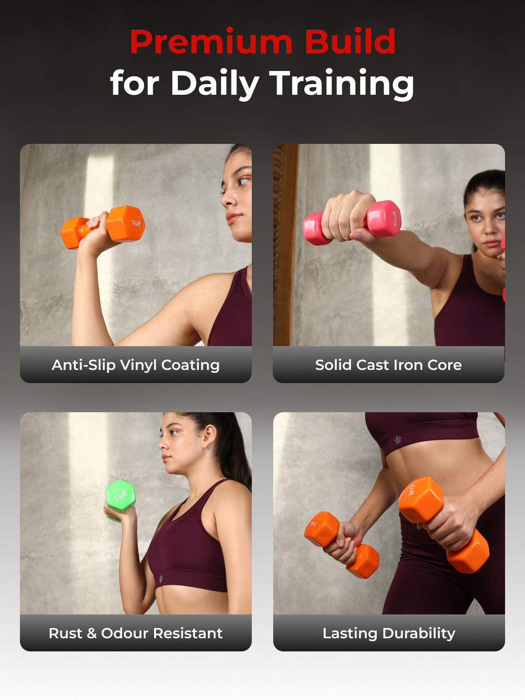 Cult Vinyl Dumbbells Combo for Home Gym Exercise (1kg + 3kg + 4kg Set) 16kg | Dumbbells with Rack