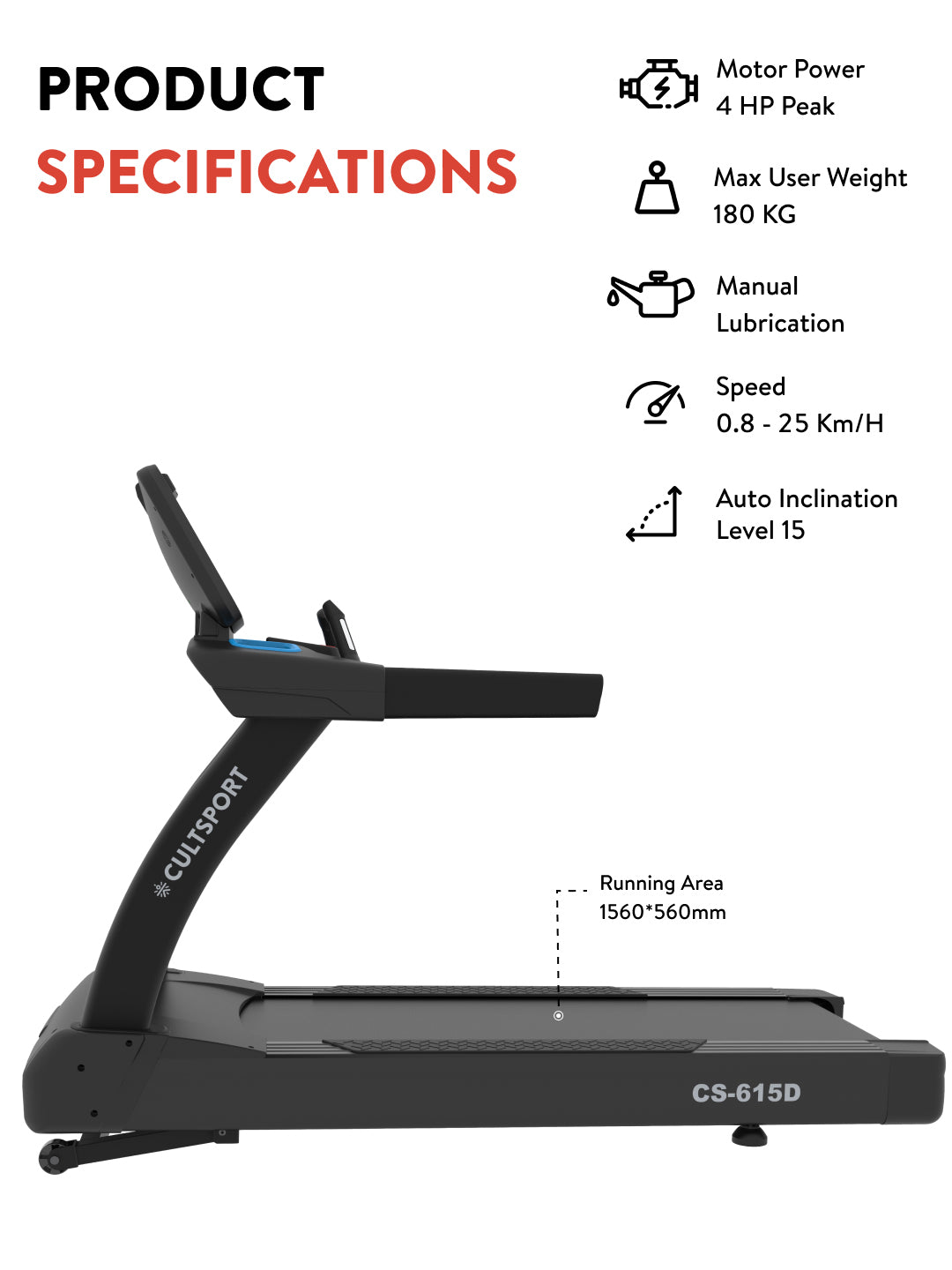 Cult OptiRun Prime CS615D Treadmill | 4HP Motor Power | Max Weight Support: 180Kg | Max Speed - 20kmph (with 6 months extended warranty)