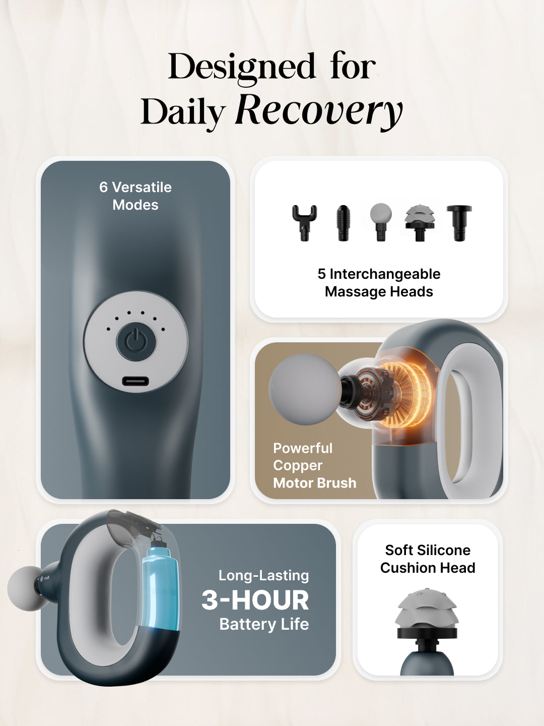 Cult Halo Premium Full Body Gun Massager with Multi-Grip Handle, 5 Massage Heads & 6 Adjustable Speeds, 3 hour battery, Blue