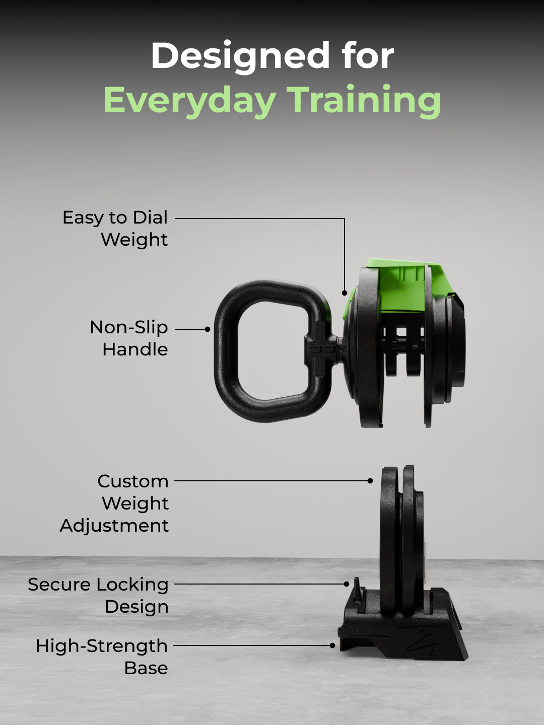 Cult 12Kg Adjustable Kettlebell | 12 Weight Options (2kg-12kg) | One-Hand 1-Second Dial | Compact & Durable Home Gym Kettlebell - Black