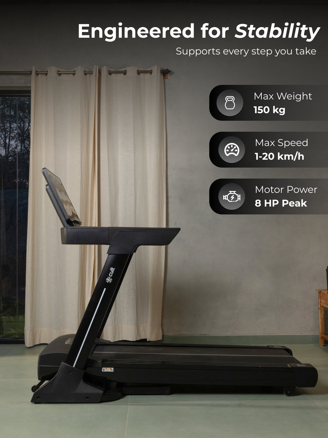 Cult SmartStrideElite Brushless AC Motor (8HP Peak) Treadmill | Max Weight: 150kg | 20 Level Auto Incline (with 6 months extended warranty)