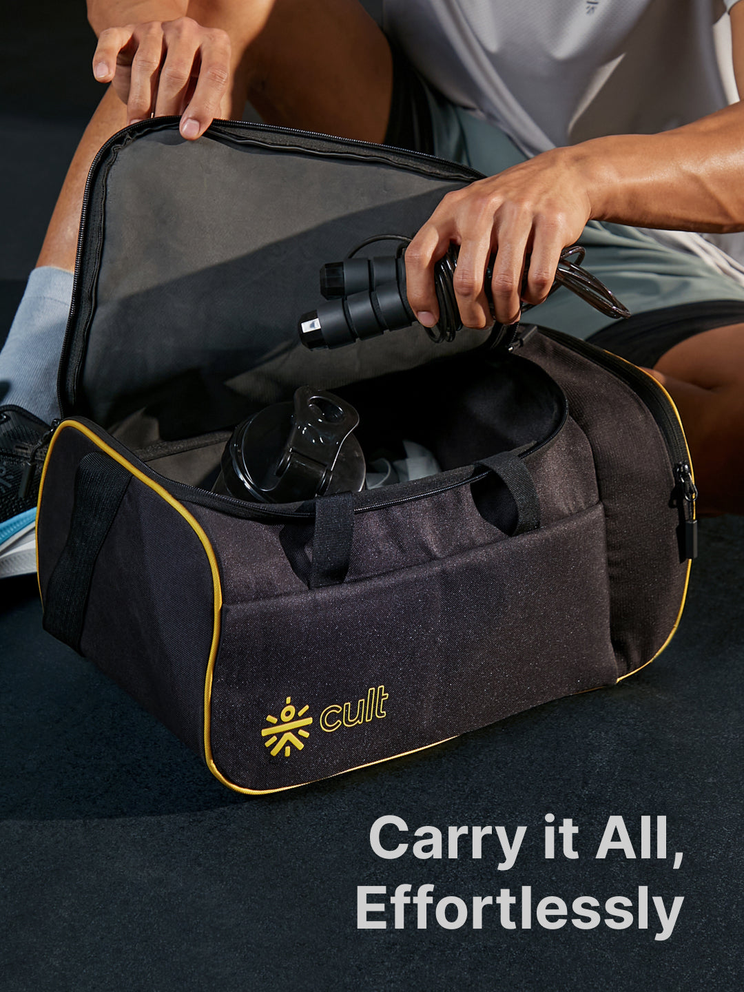 Compact 25L Duffle Bag with Shoulder Strap (Black) & 500ml Shaker Bottle with Mixer Ball (Blue)