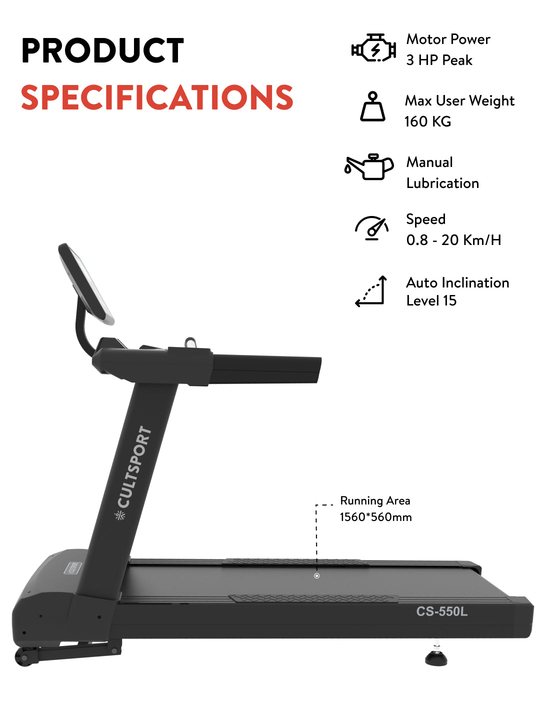Cult OptiRun Blitz CS550L Treadmill | 3HP Motor Power | Max Weight Support: 160Kg | Max Speed - 20kmph (with 6 months extended warranty)