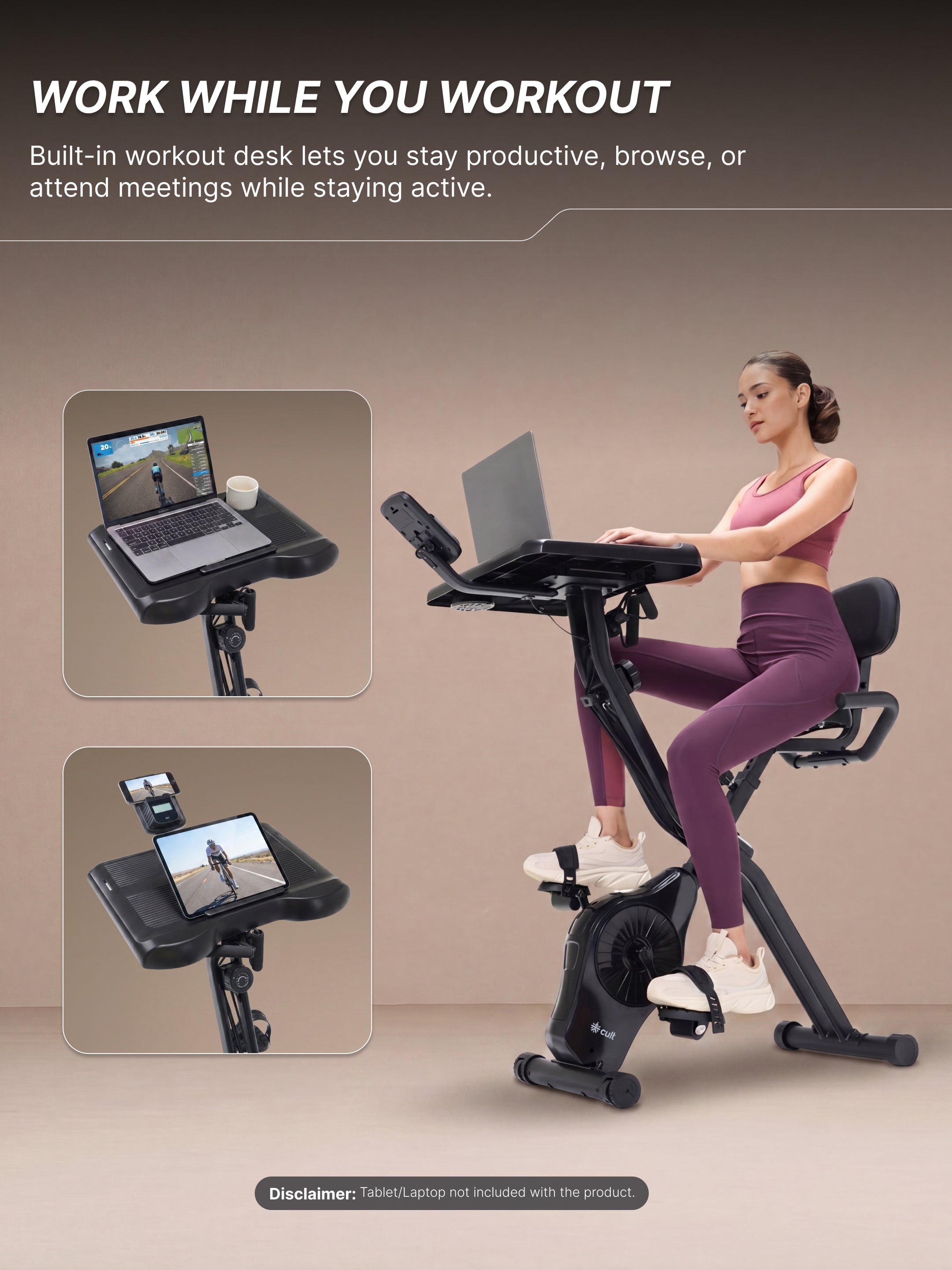 Cult X-Bike with Table | Sturdy & Stable Design | Foldable Exercise Cycle for Home | 8-Level Magnetic Resistance | Adjustable Seat | LCD Display | Laptop & Tablet Desk | 120 kg Capacity - Black
