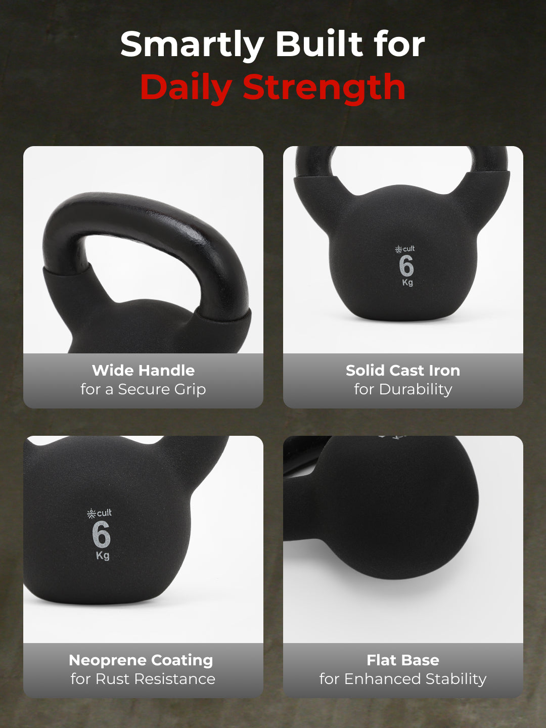 Cult 6kg Neoprene Anti-Slip Grip Kettlebell for Home Workout - Black