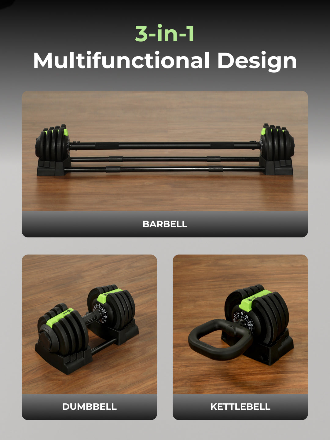 Cult 3in1 Adjustable Dumbbell (1.5-18kg), Kettlebell (1-10kg), Barbell (2-19kg) | All-in-One Compact Home Gym Equipment - Black