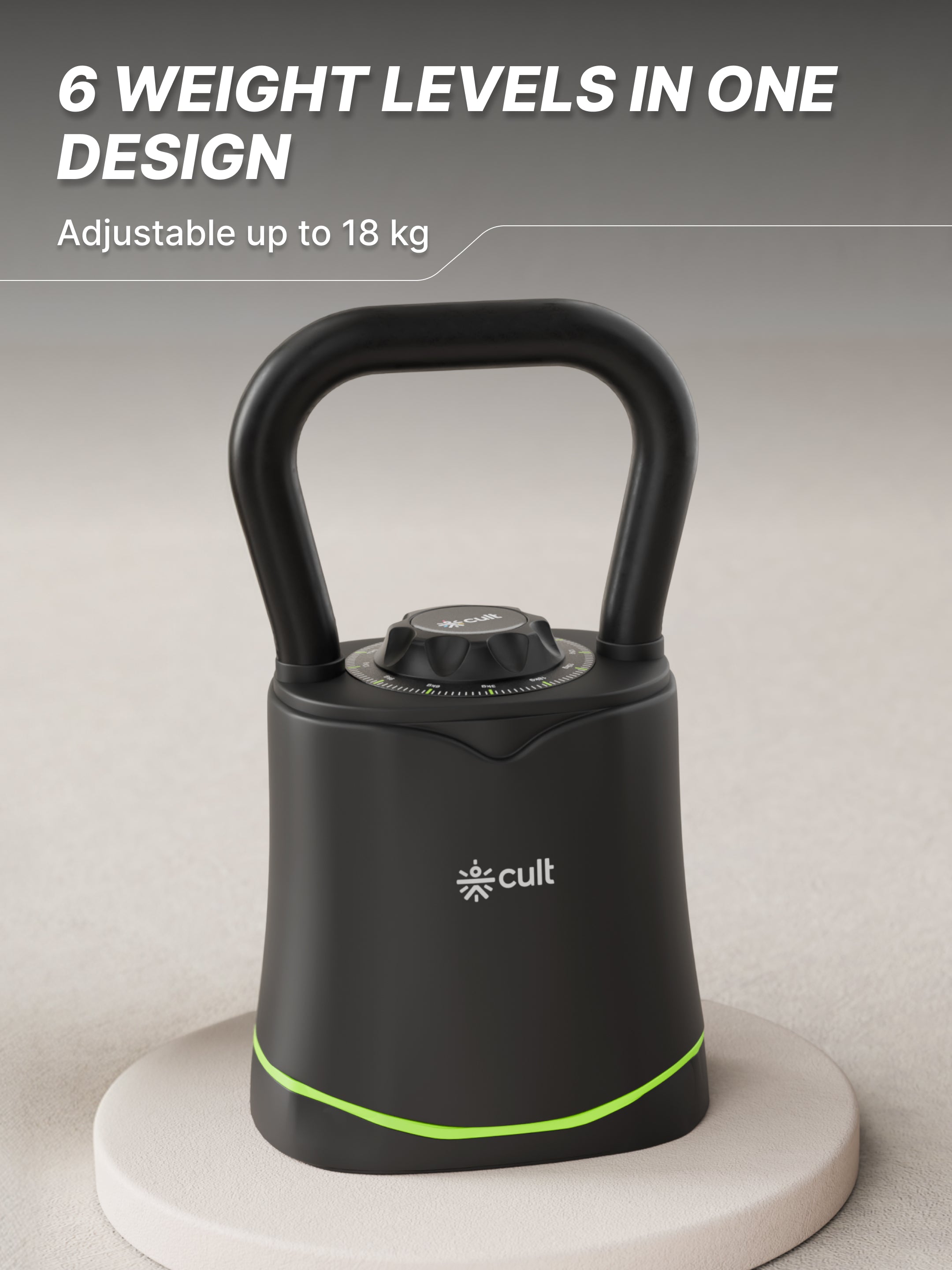 Cult Adjustable Kettlebell 18 Kg | 6-in-1 Weight Settings: 3-18 Kg | Wide Handle & Stable Base | Compact Strength Training Equipment for Home Gym