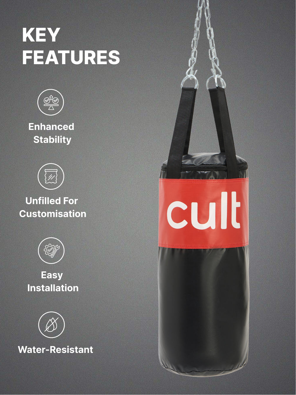 cult Punching Bag Black & Red 3ft Heavy Duty Punching Bag for Boxing, Kickboxing, MMA Training Reinforced Stitching Durable PU Leather Hanging Chain Included Unfilled Easy to Install For Home & Gym Use