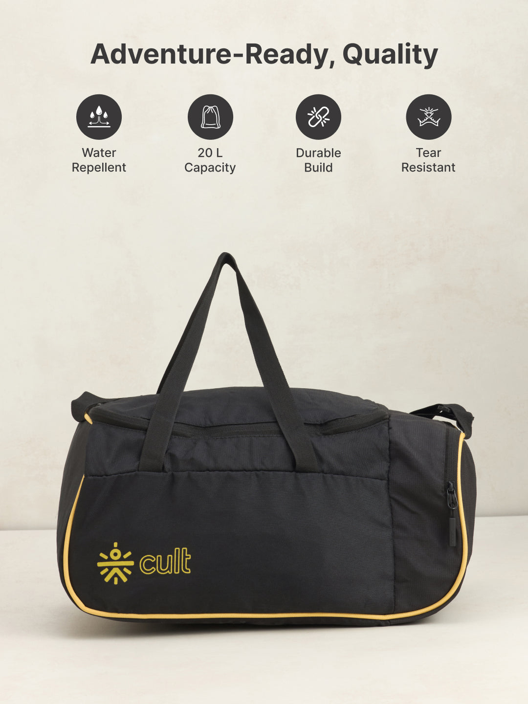 cult 25 Litre Gym Duffle Bag Black Yellow Unisex with Multipockets