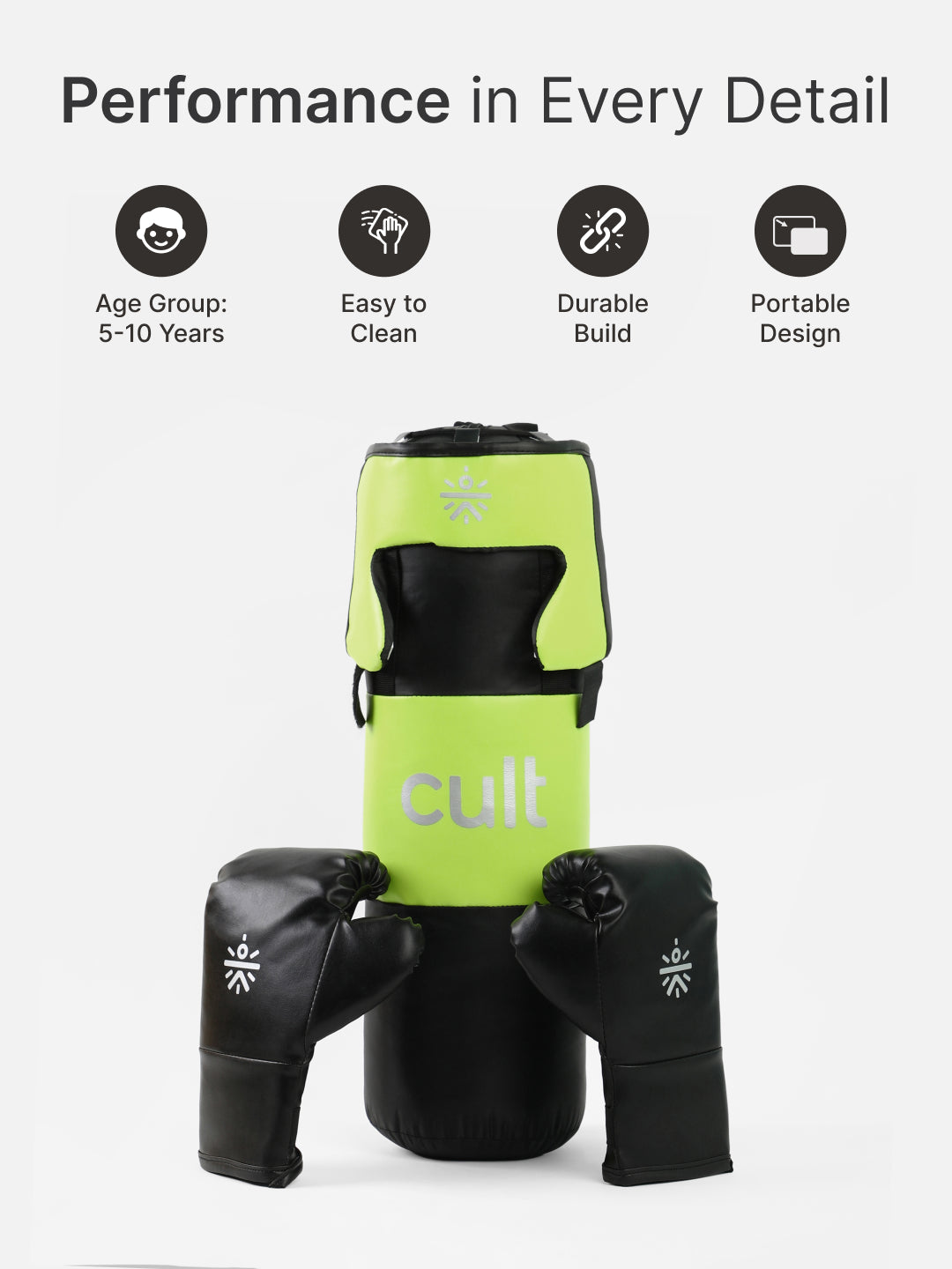 cult Kids Boxing Kit - Punching bag, Boxing Gloves and Head gear Green