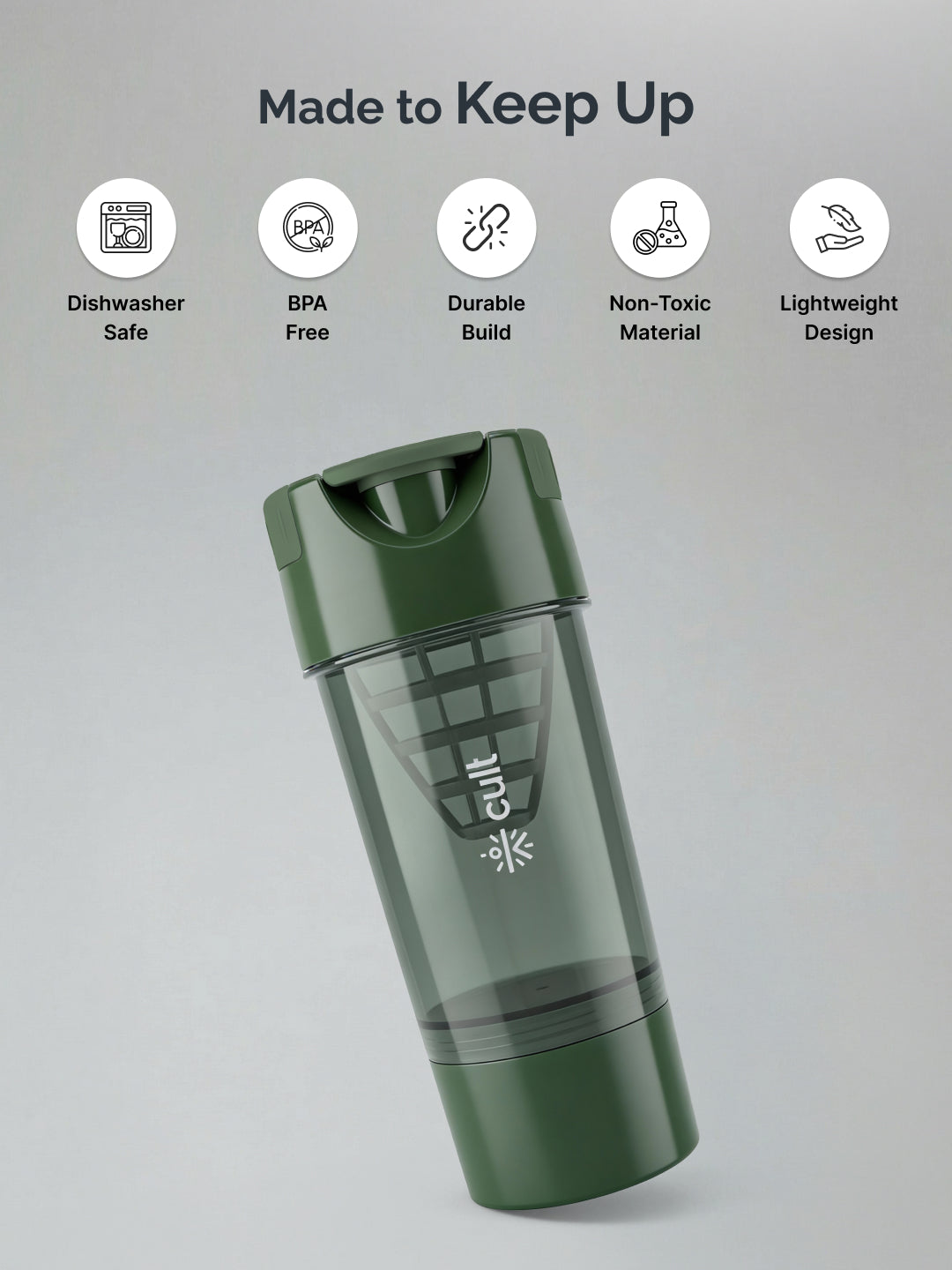 CULT Cyclon Shaker Bottle 500 ml, Durable Leak-Proof Multipurpose Shaker for Protein & Daily Use Army Green