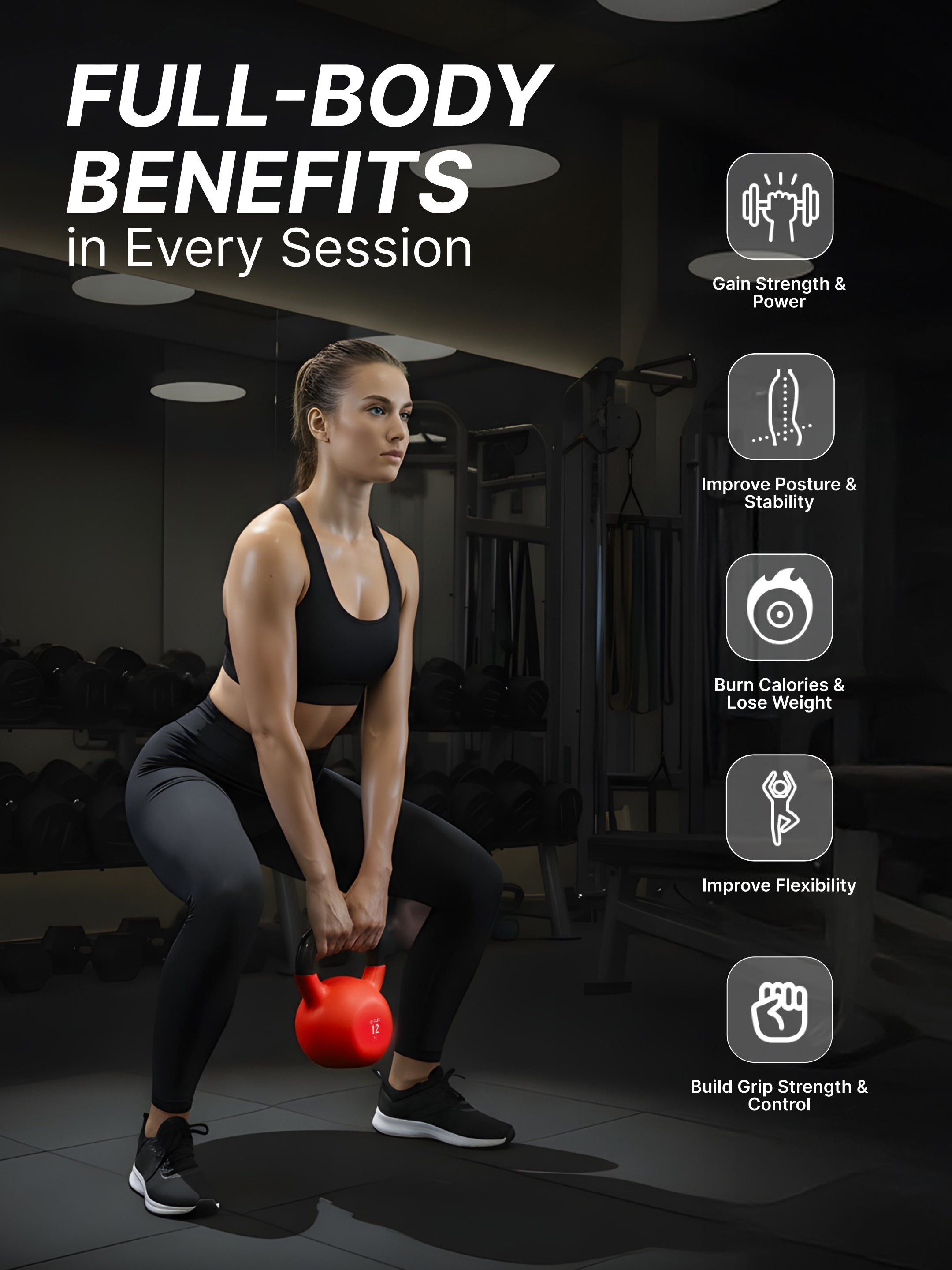 Cult 12kg Neoprene Anti-Slip Grip Colored Kettlebell for Home Workout - Red