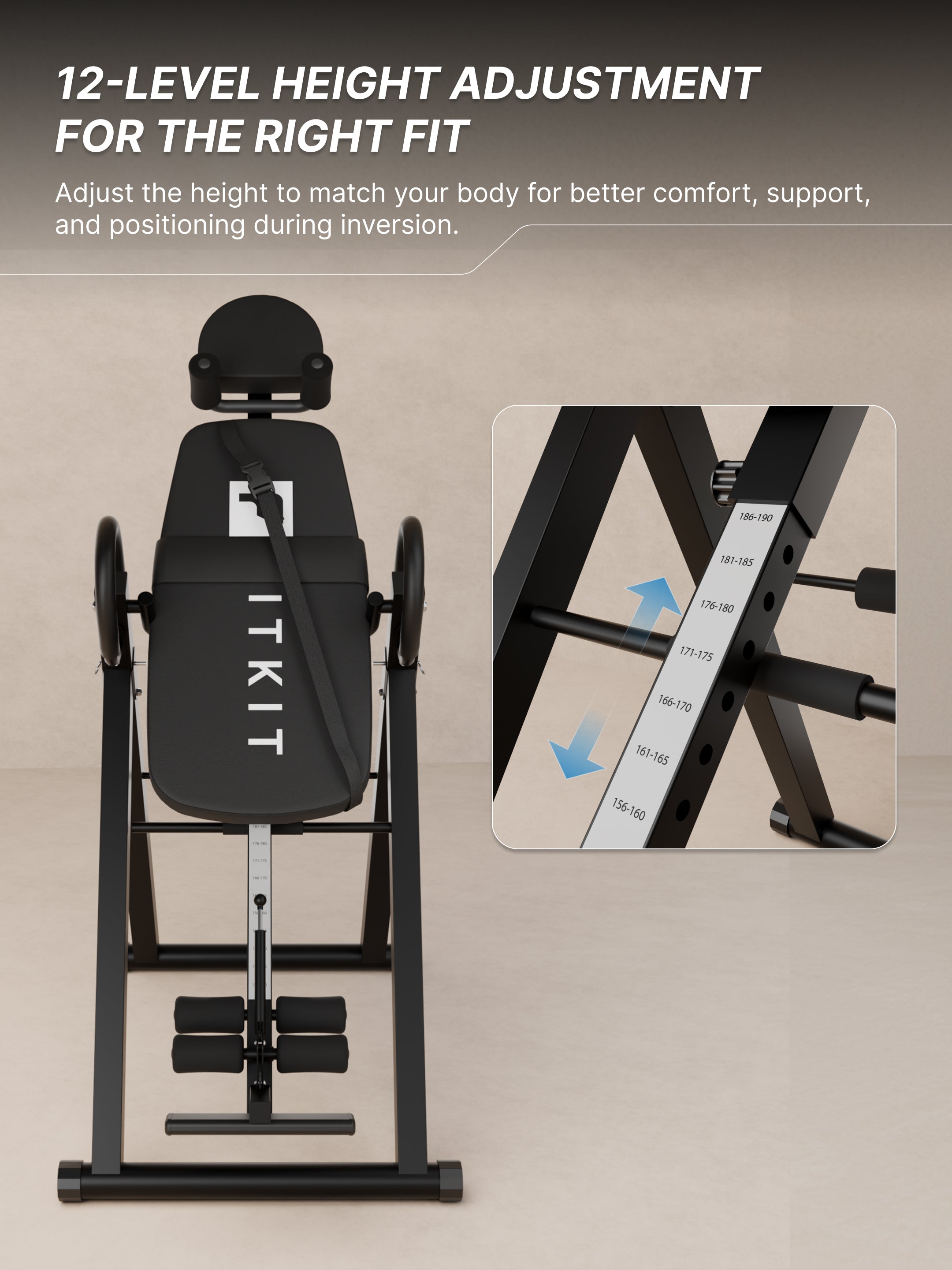 Fitkit by cult Inversion Table | 4 Inversion Positions | 120 Kg Weight Support | Adjustable Height | Safety Belt & Ankle Locking System | Back Stretching & Spine Decompression Equipment | Foldable Compact Home Fitness Tool