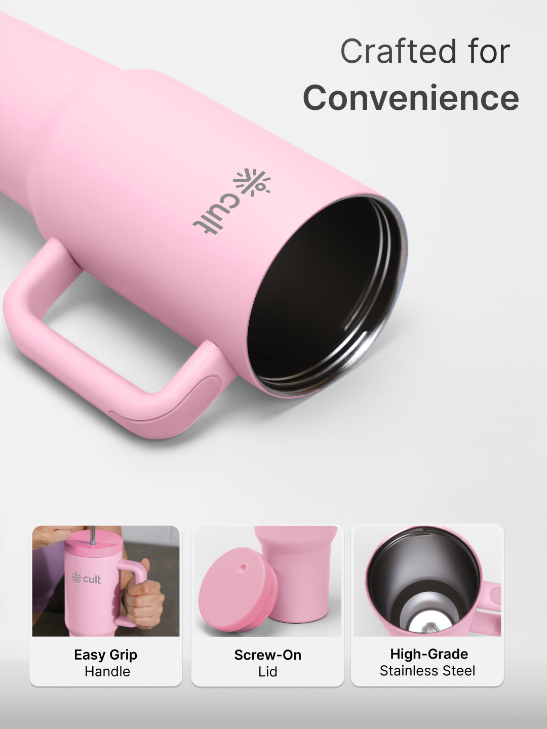 cult Tumbler 1200ML Steel Straw with Straw Cap and Cleaner Unisex Pink