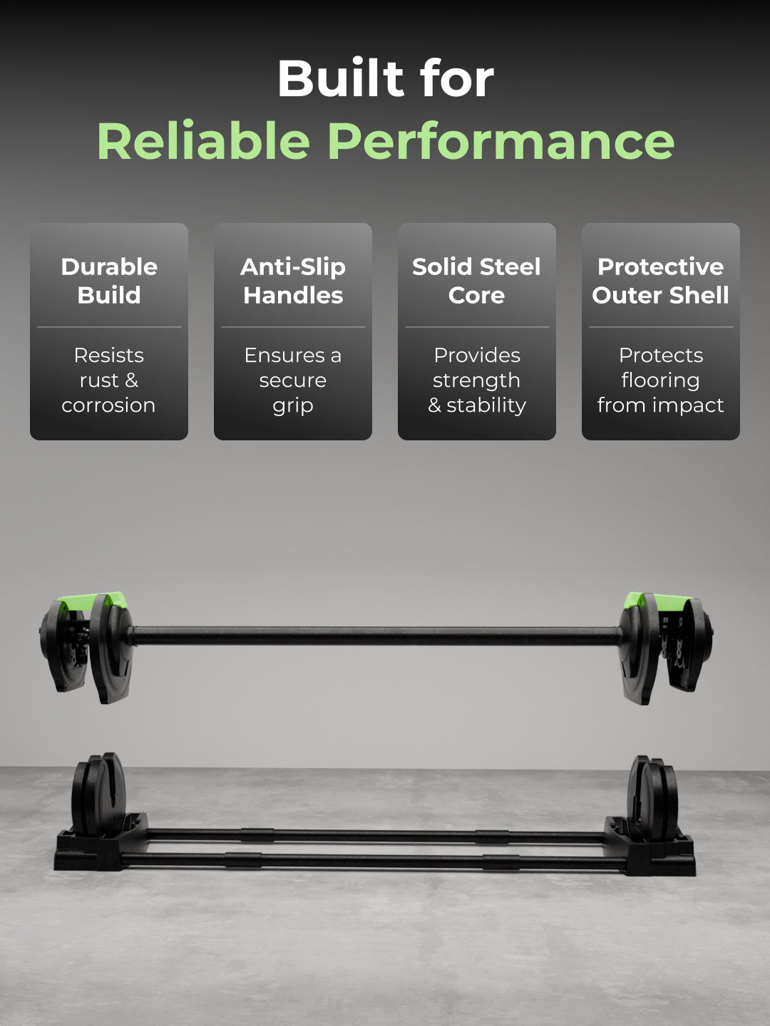 Cult 3in1 Adjustable Dumbbell (1.5-18kg), Kettlebell (1-10kg), Barbell (2-19kg) | All-in-One Compact Home Gym Equipment - Black