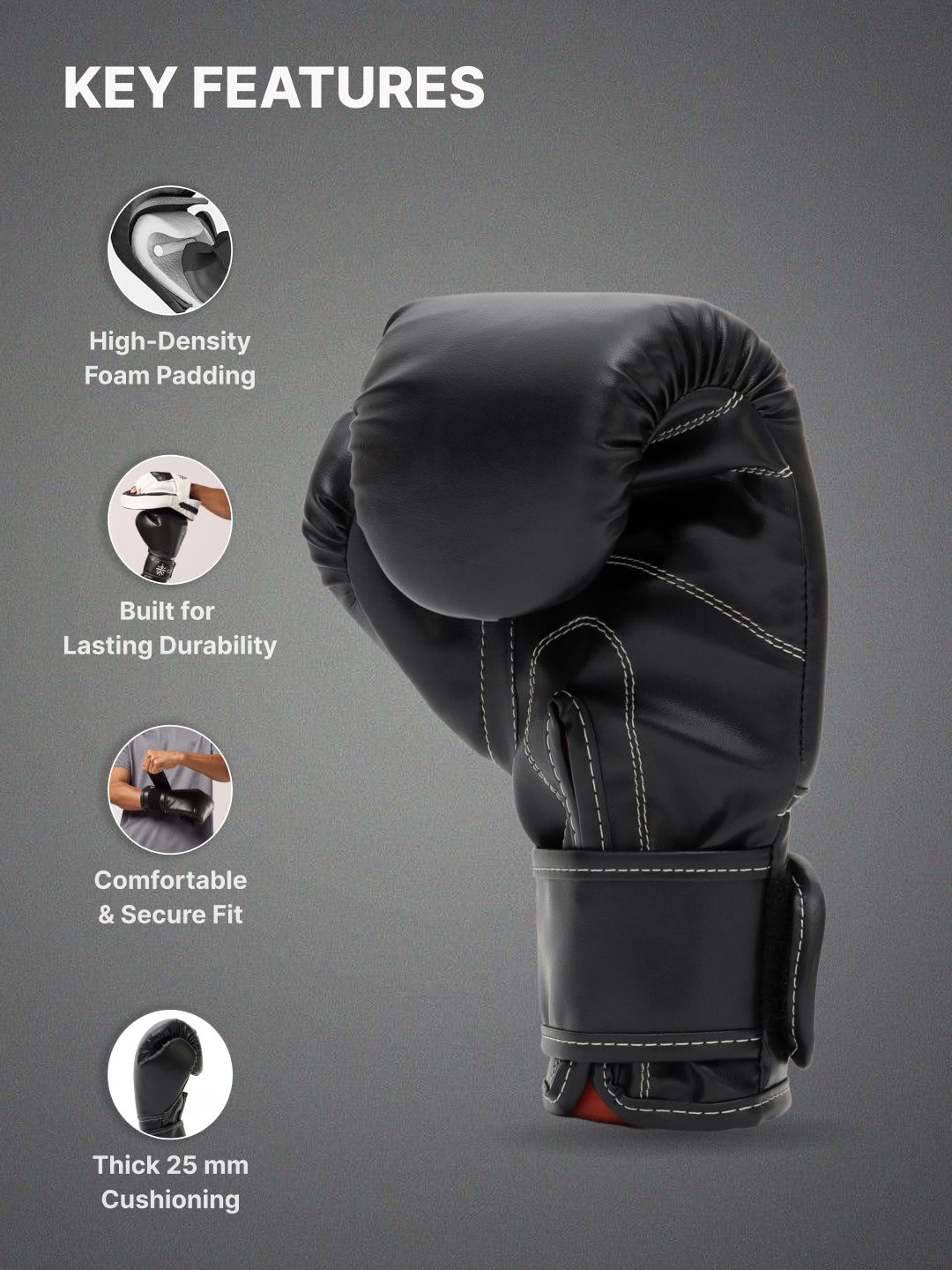 cult Neo PU Boxing Gloves for Men & Women Foam Padding Thickness 25mm Punching Bag Gloves for Boxing, Training, Kickboxing, Muay Thai, MMA Black