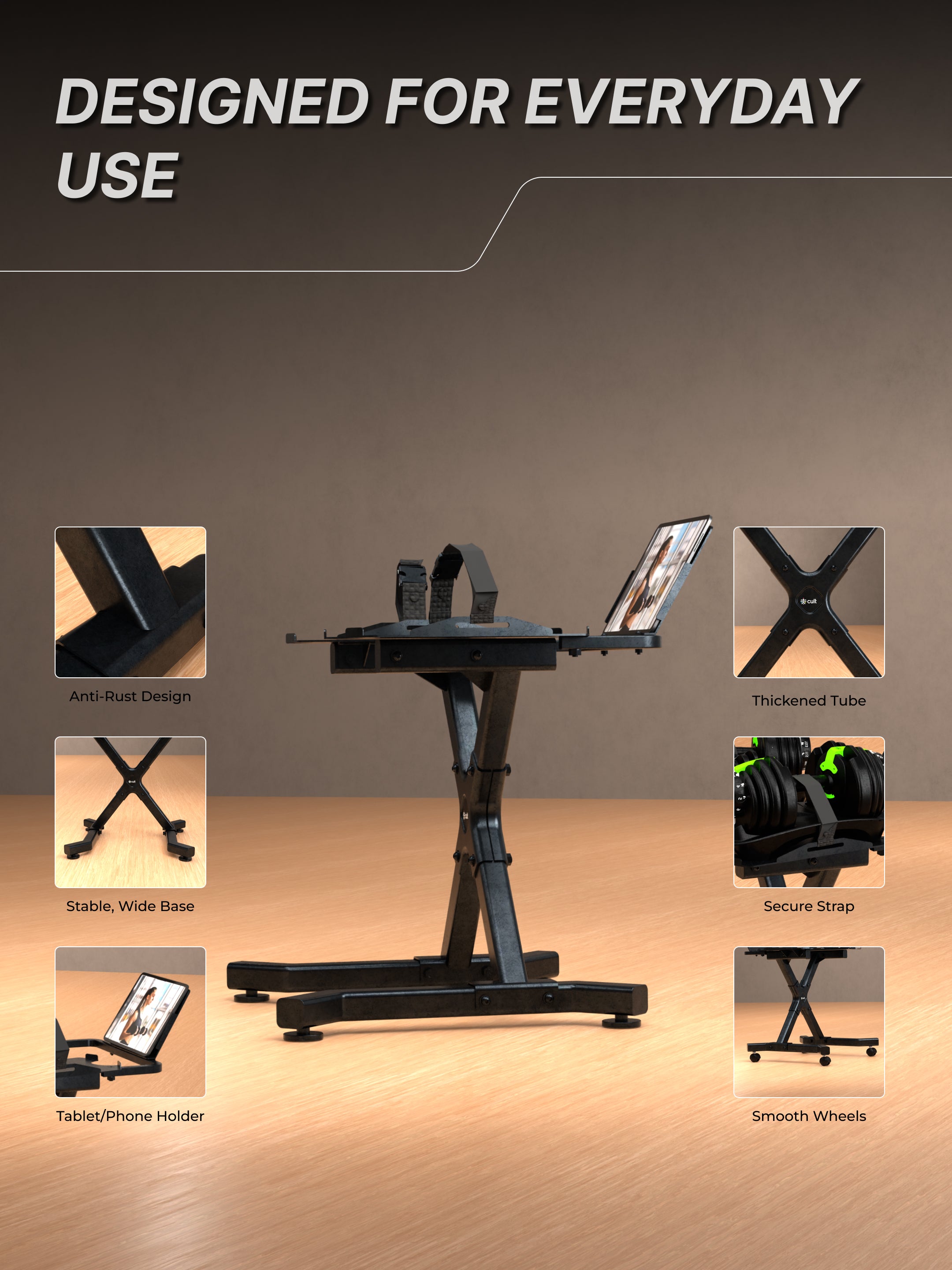 Cult Dumbbell Stand | 100 KG Weight Capacity | With Wheels & Tablet Holder | Protected Edges | Compact Home Gym Storage (6 Months extended Warranty only on Cultstore.com)