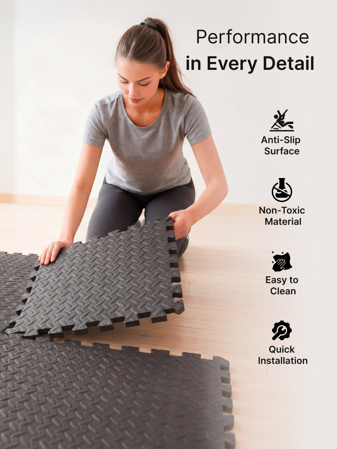 cult Interlocking Workout Mat Tiles Shock-Absorbing, Anti-Slip, Protective Gym Flooring for Home & Fitness Equipment  Cushioned, Water-Resistant, Easy to Assemble  Black