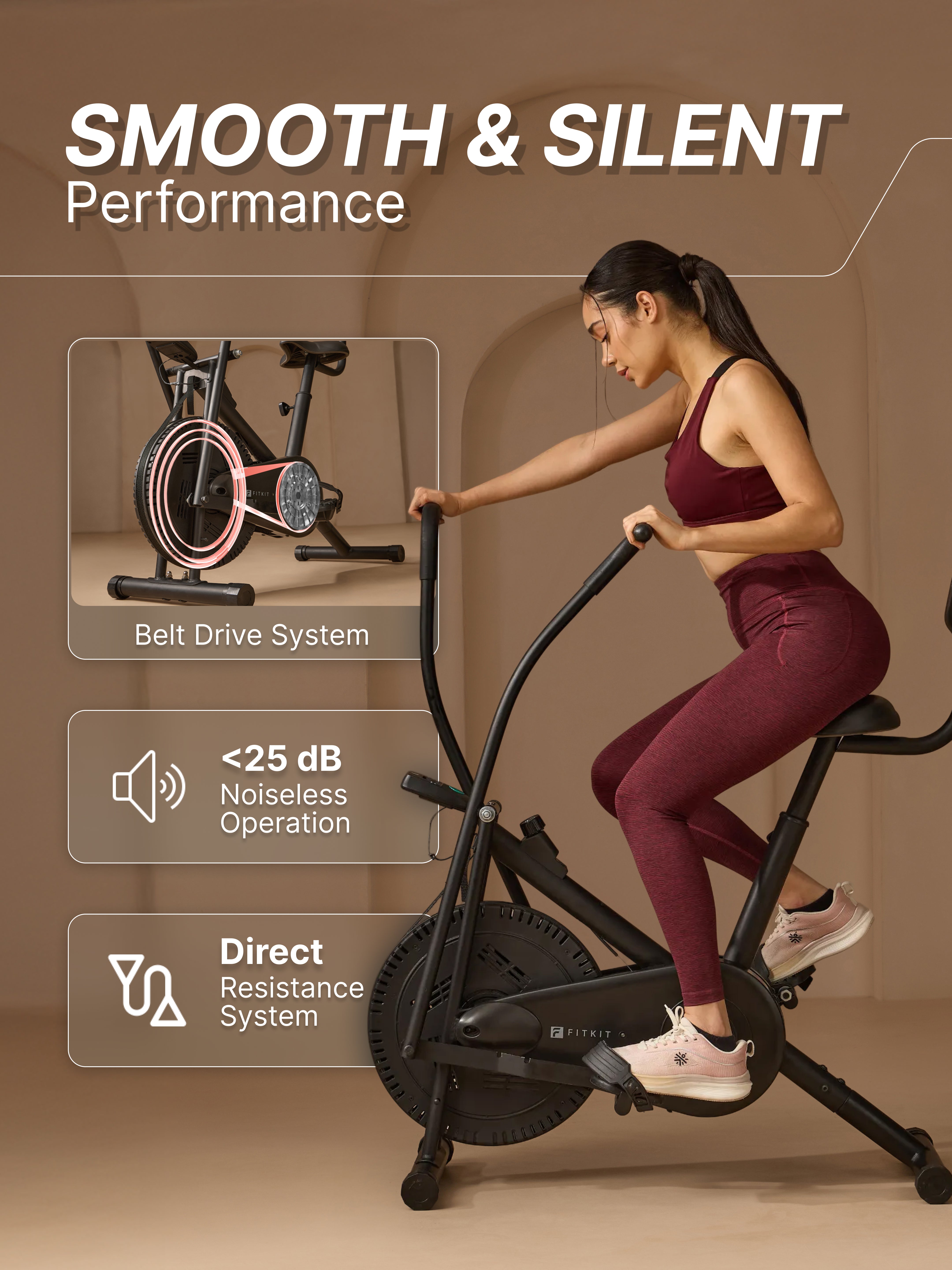 Fitkit Dual Action 2-in-1 Air Bike | Moving & Fixed Handles Exercise Cycle | Adjustable Seat & Anti-Slip Pedals | Direct Resistance | 120 kg Max Weight | Home Use Exercise Bike