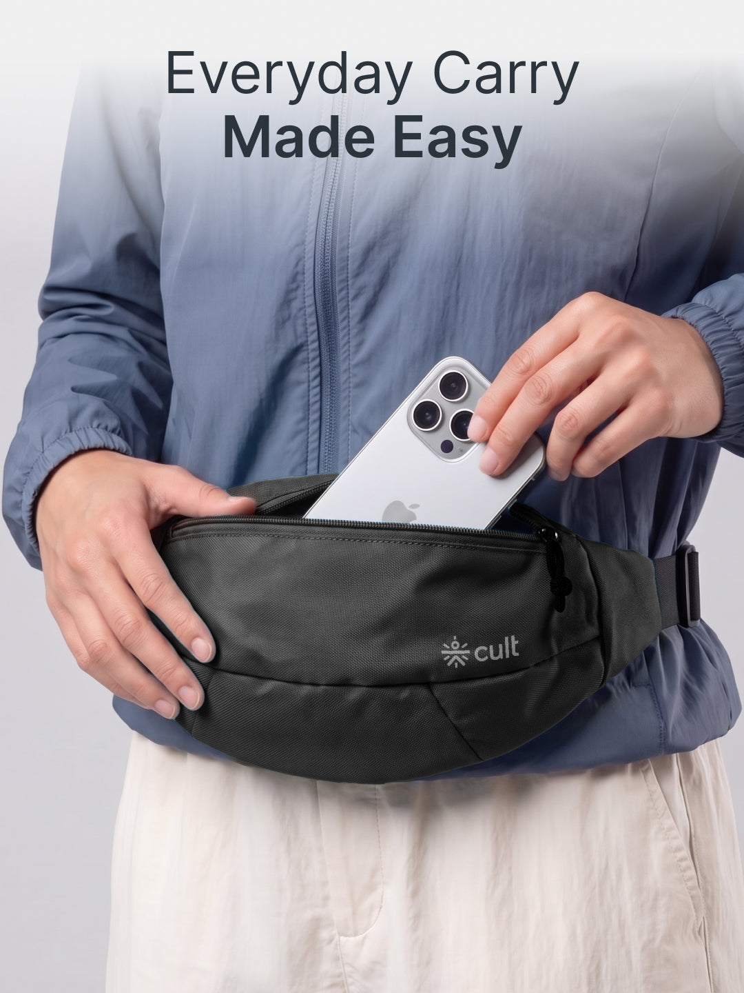 Cult Waist Bag for Men & Women, Compact Fanny Pack with Dual Compartments, Adjustable Strap, Water-Repellent Travel, Running & Everyday Carry Bag – Black