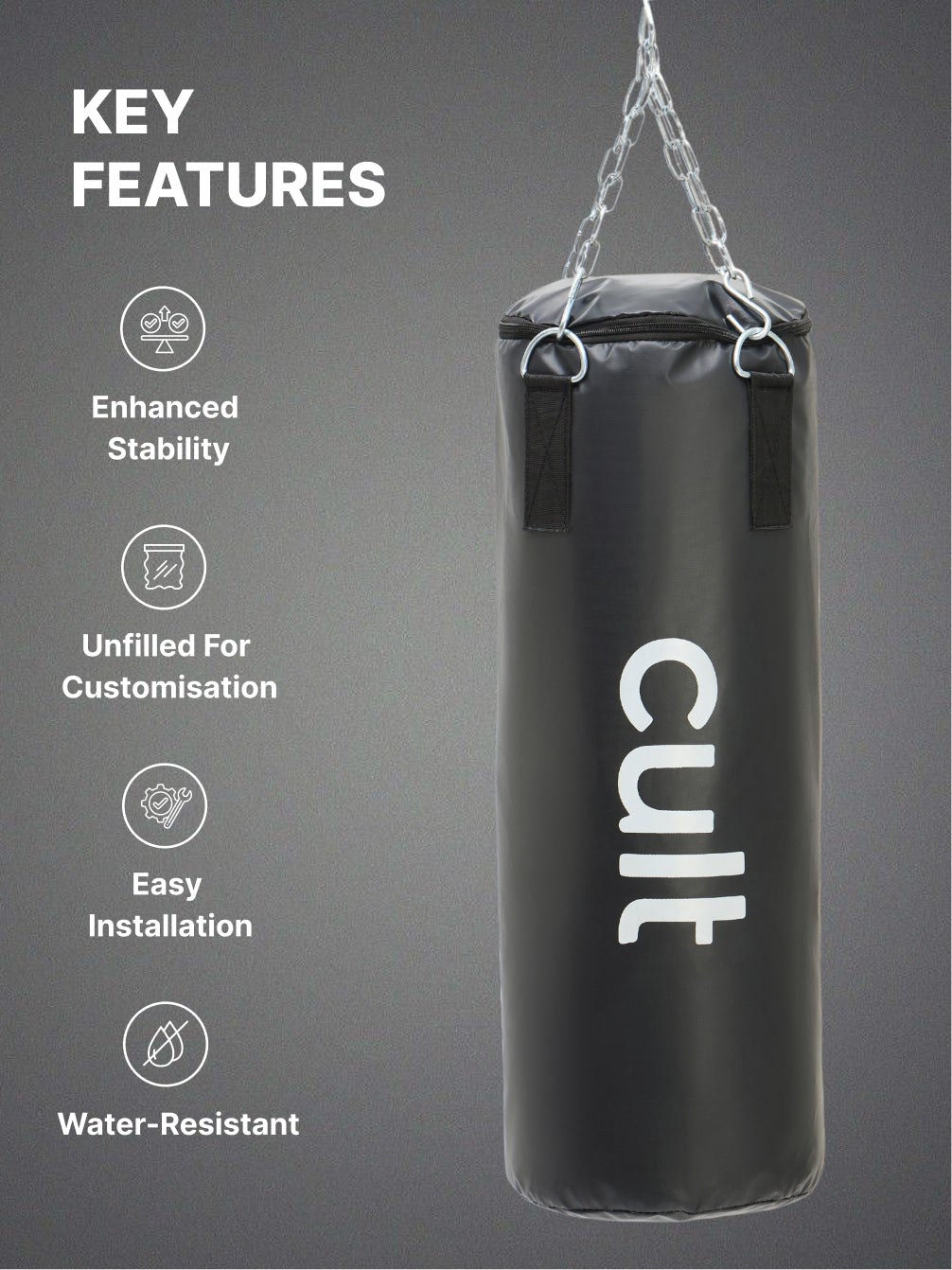 cult Punching Bag Combo for Men & Women 3ft Heavy Bag with Hand Wraps Reinforced Stitching Durable Construction Hanging Chain Unfilled Easy to Install Black