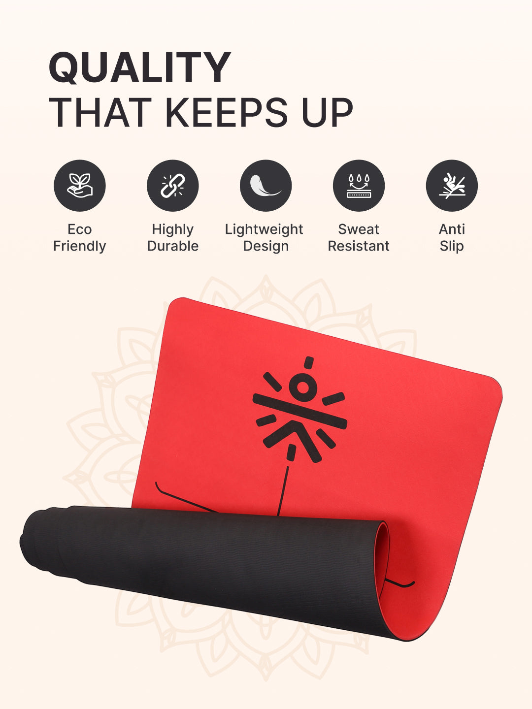 CULT Premium TPE Yoga Mat with Alignment Marks   6mm Thick Non-Slip Exercise & Pilates Mat for Men & Women, Eco-Friendly, Sweat-Resistant with Carry Strap - Red