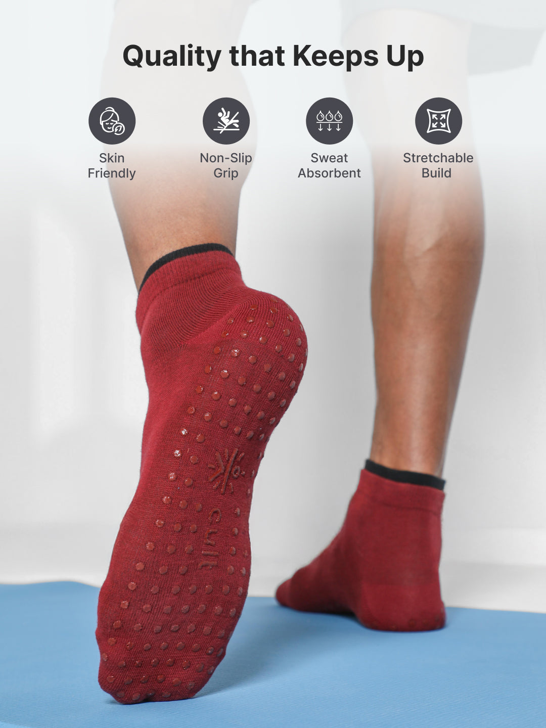 Yoga Anti-skid Ankle Length Pack of 2 Blue & Maroon Unisex Cotton Socks