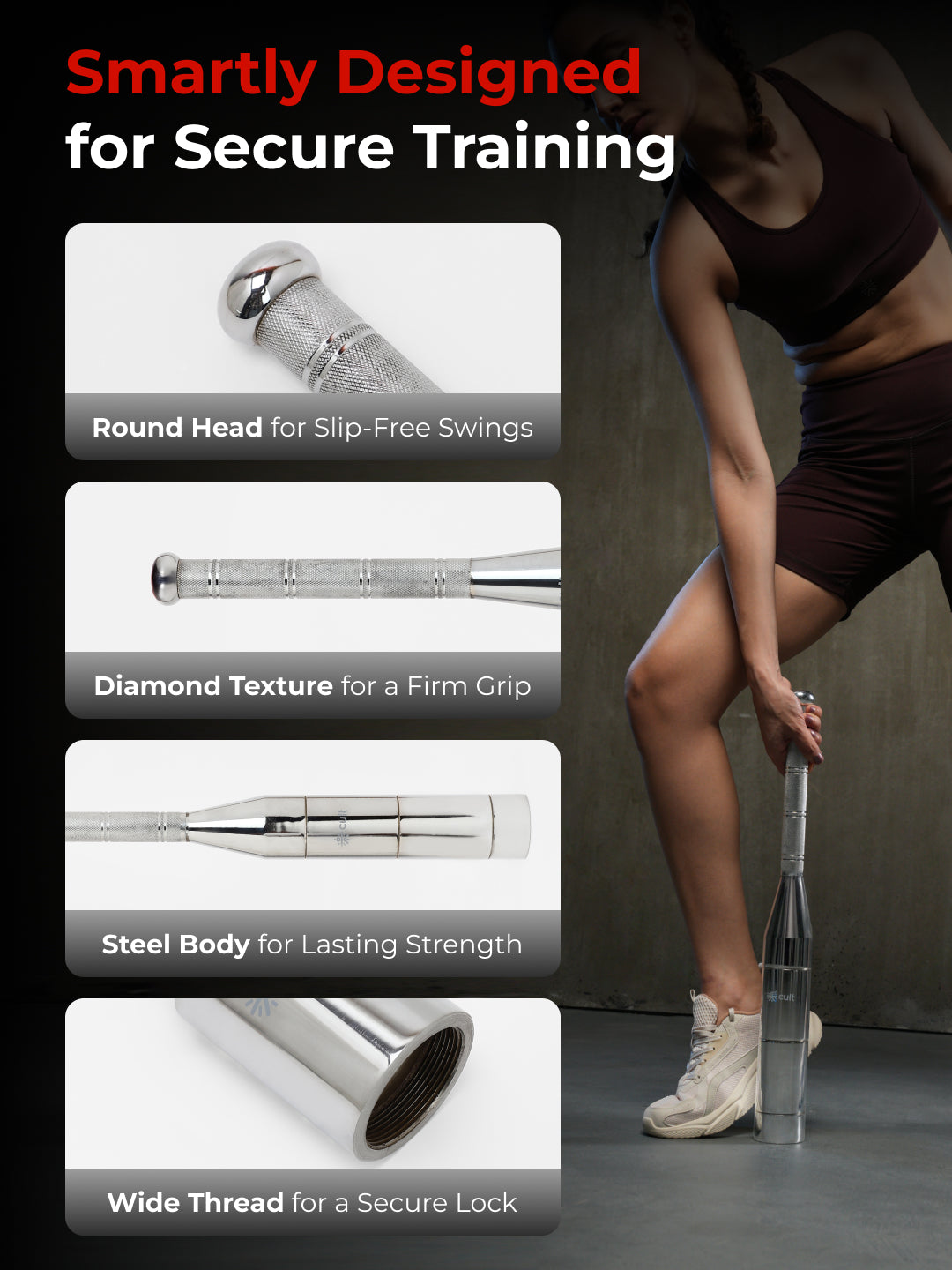 Cult 6-in-1 Adjustable Steel 8KG Mudgar for Full Body Training | Silver Indian Clubs (8 kg)