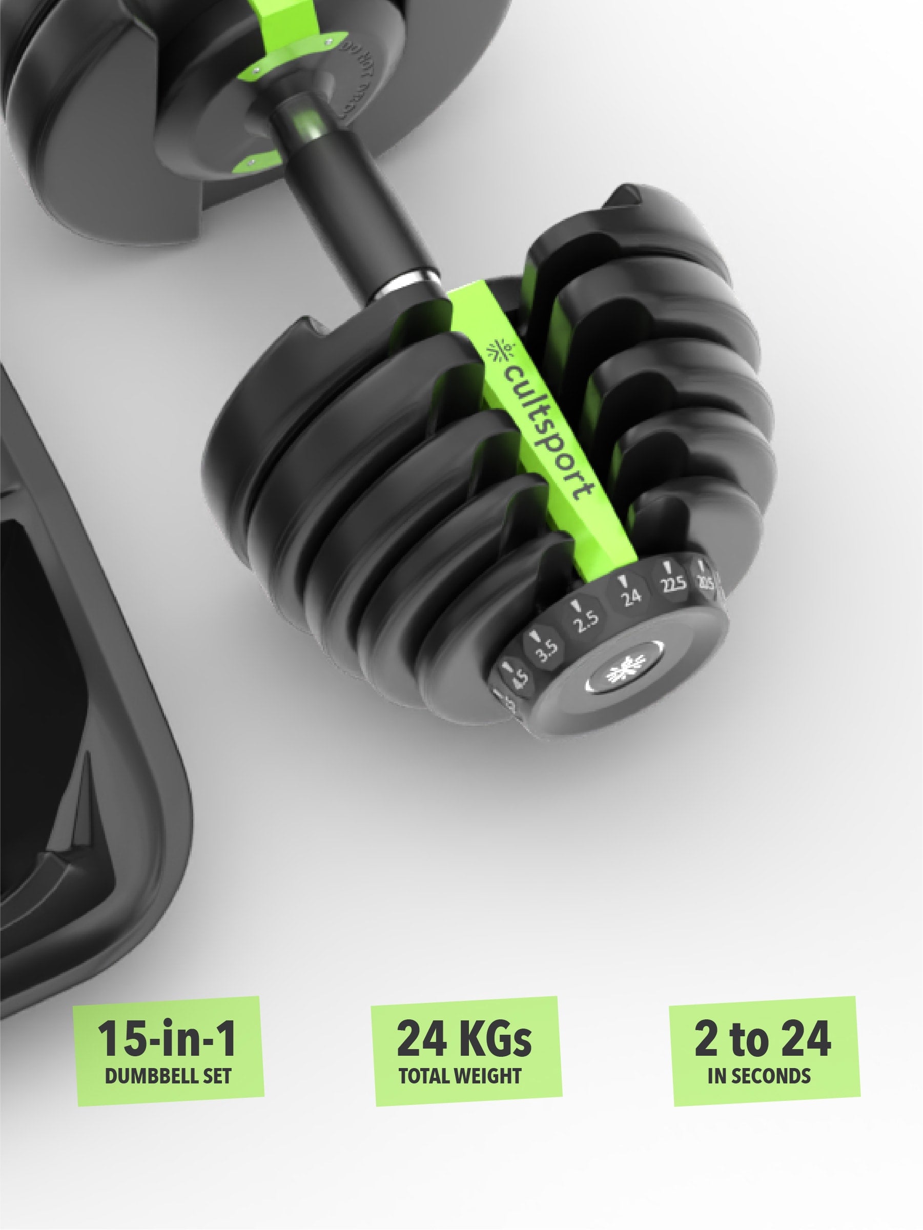 Cult 24x2 kg Compact Adjustable Dumbbells (2.5kg to 24kg), Easy Weight Change: 15-in-1 (Pair of 2-24Kg adjustable Dumbbells) (6 Months extended Warranty only on Cultstore.com)