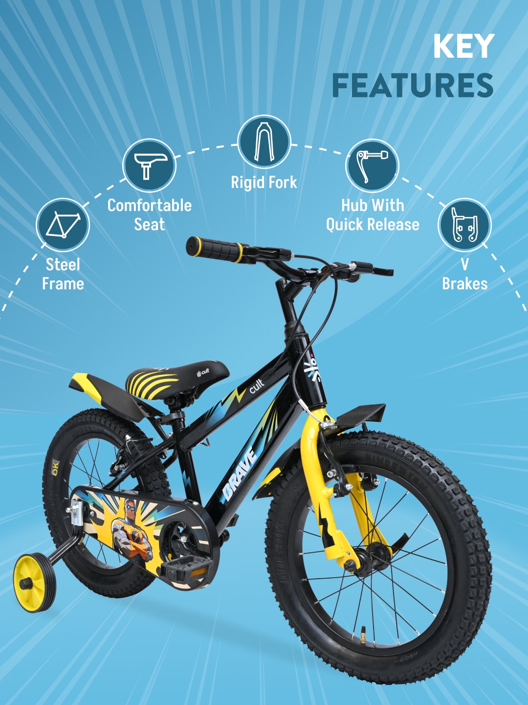 Brave 16T Black Steel Kids Bike with Single Wall Rim, Rigid Fork and Free Trainer Sessions and Cycling Event