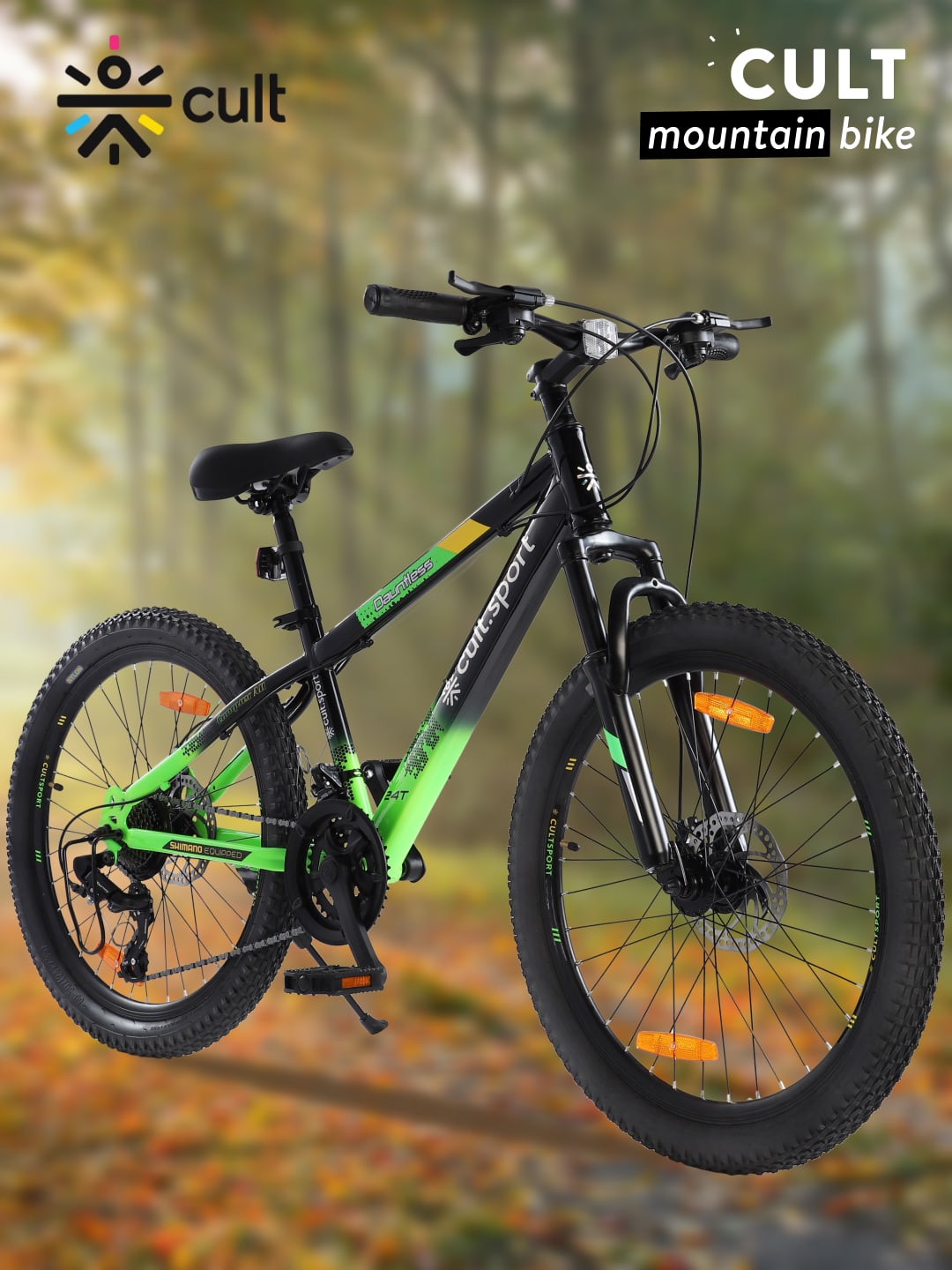 DAUNTLESS21S24TBLACKGREEN Steel 21 Speed Shimano Gear 24 inch Mountain Cycle, Dual Disc Brake, Front Suspension, Double Wall Rim