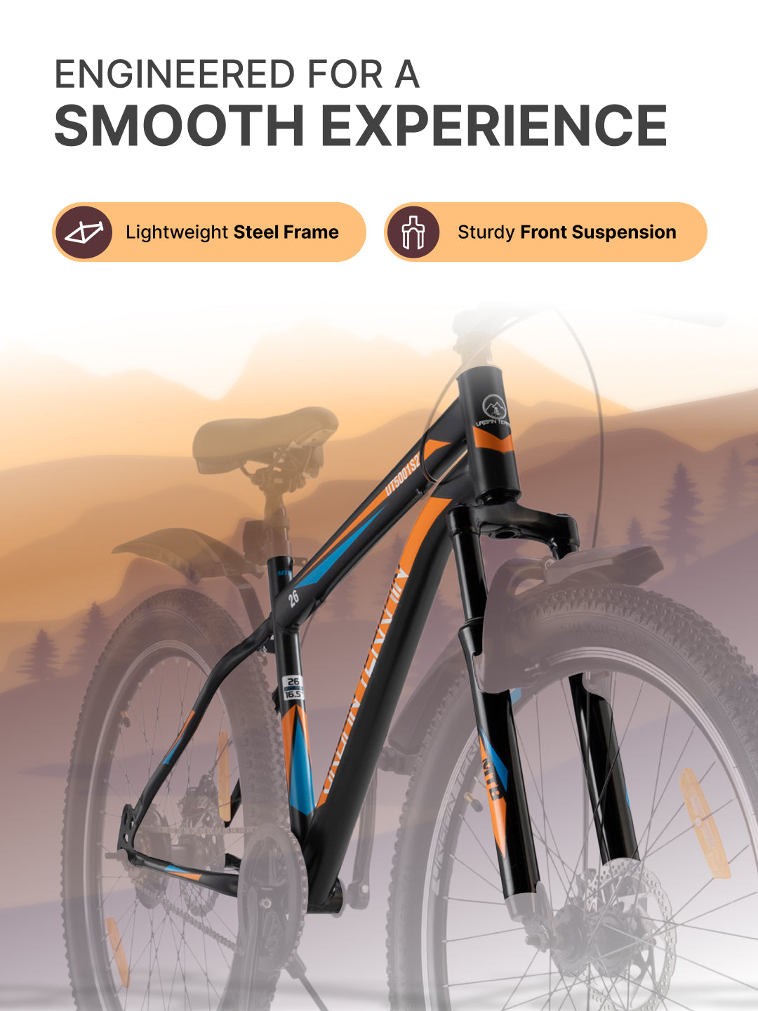 UT5001S26 Mountain Bike Steel Single Speed Cycle 26 inch Tyre, Dual Disc Brake, Front Suspension, Double Wall Alloy Rim, Black