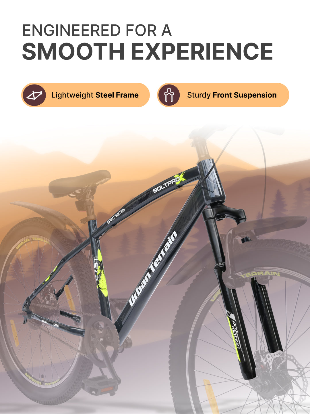 Bolt Pro Mountain Bike Steel Single Speed 27.5 inch Tyre with Dual Disc Brakes, Front Suspension, Double Wall Alloy Rim, Grey