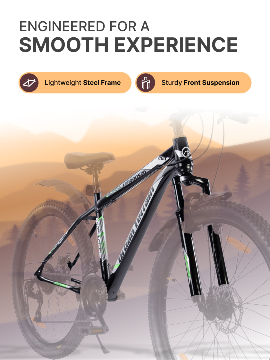 UT1000S26 Mountain Bike Steel 21 Speed Cycle Shimano Gear 26 inch, Grey With Front Suspension, Single Wall Rim and Dual Disc Brakes Ideal For 5 ft to 5.7 ft