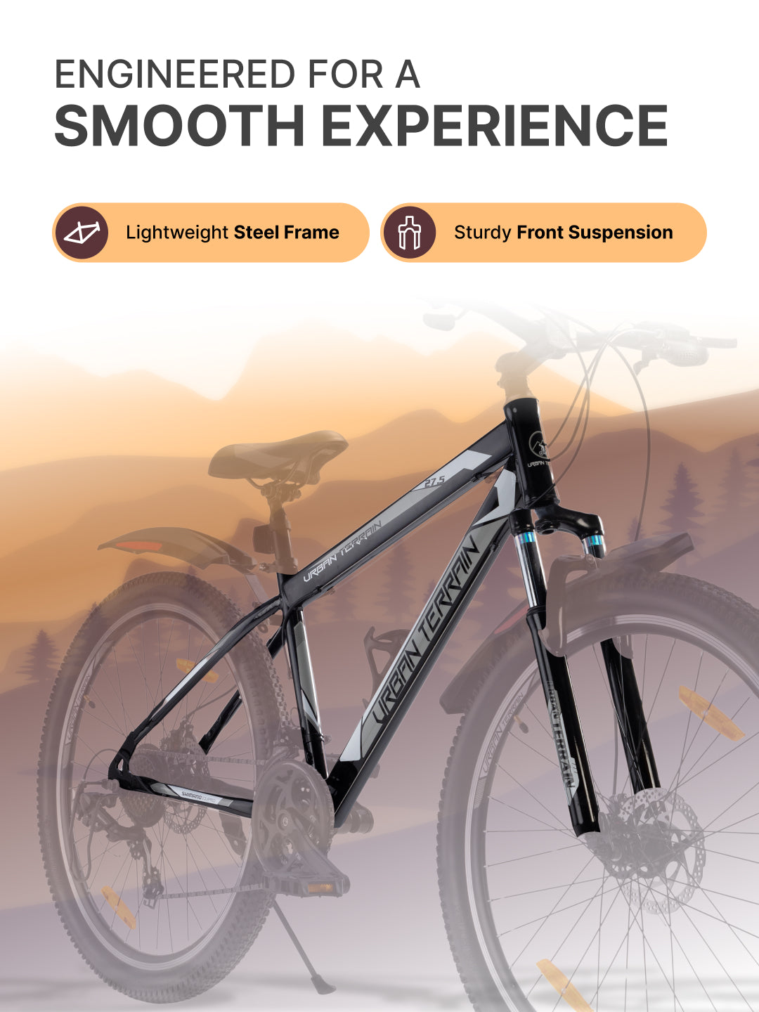 UT1000 Mountain Bike Steel 21 Speed Cycle Shimano Gear 27.5 inch Tyre, Black With Front Suspension, Double Wall Rim and Dual Disc Brakes Ideal For 5.2 ft to 6 ft