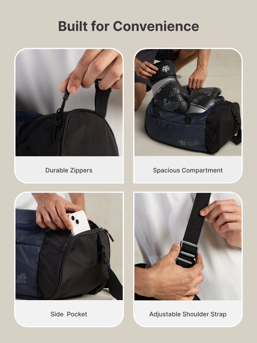 cult 25 Litre Gym/Duffle Bag for Men & Women Duffle Bag with Side Pocket & Shoulder Strap Comfortable Handle Black Navy