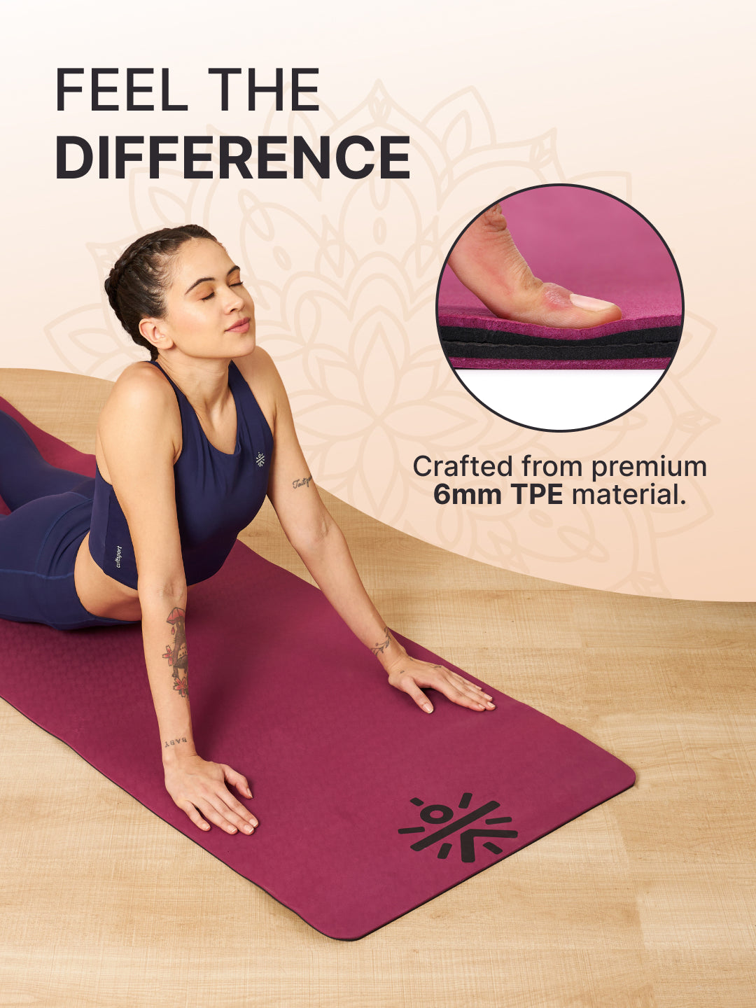 CULT TPE Yoga Mat 6mm with Carry Bag & Strap | Anti-Slip, Sweat Resistant, Lightweight & Durable Exercise Mat for Yoga, Pilates, Meditation & Home Workout   Purple Wine/Black